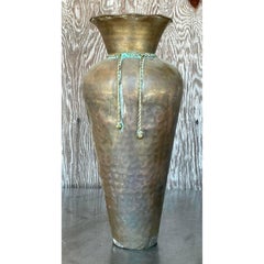 Vintage Regency Hammered Brass Tall Vase