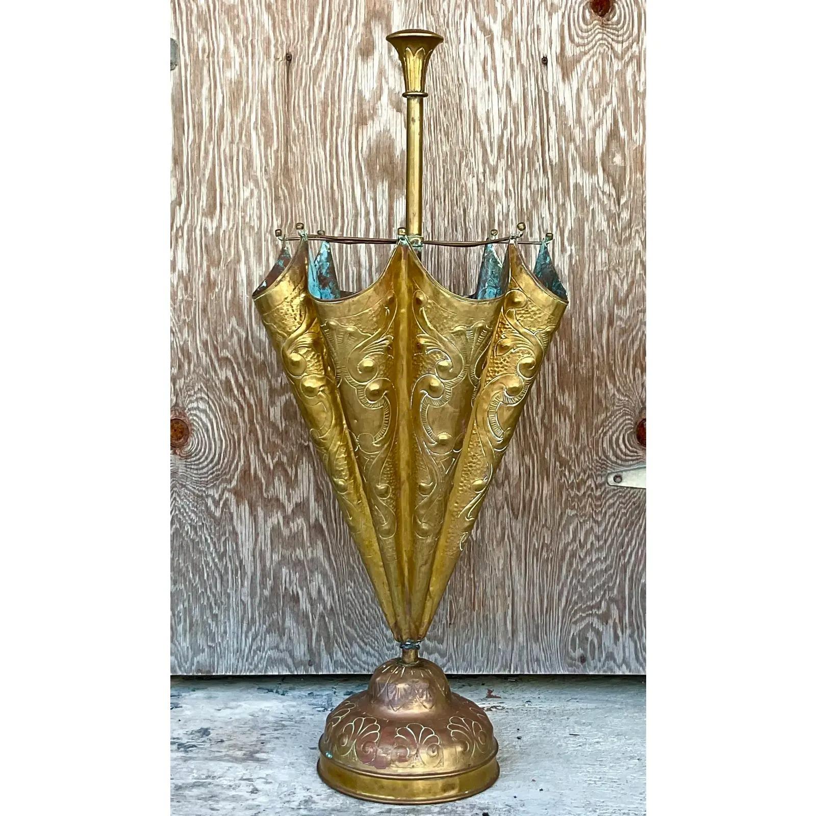 North American Vintage Regency Hammered Brass Umbrella Stand For Sale