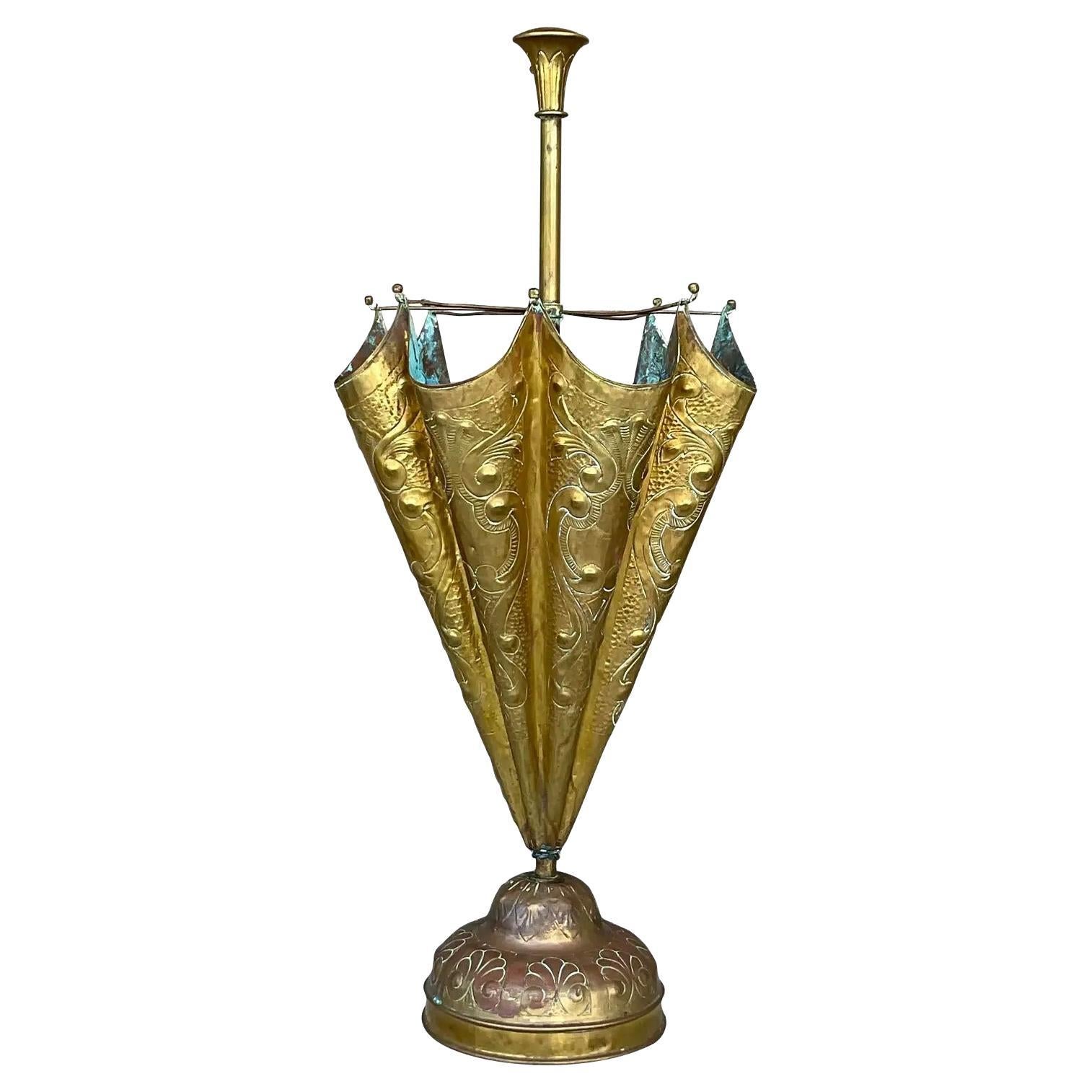Vintage Regency Hammered Brass Umbrella Stand For Sale