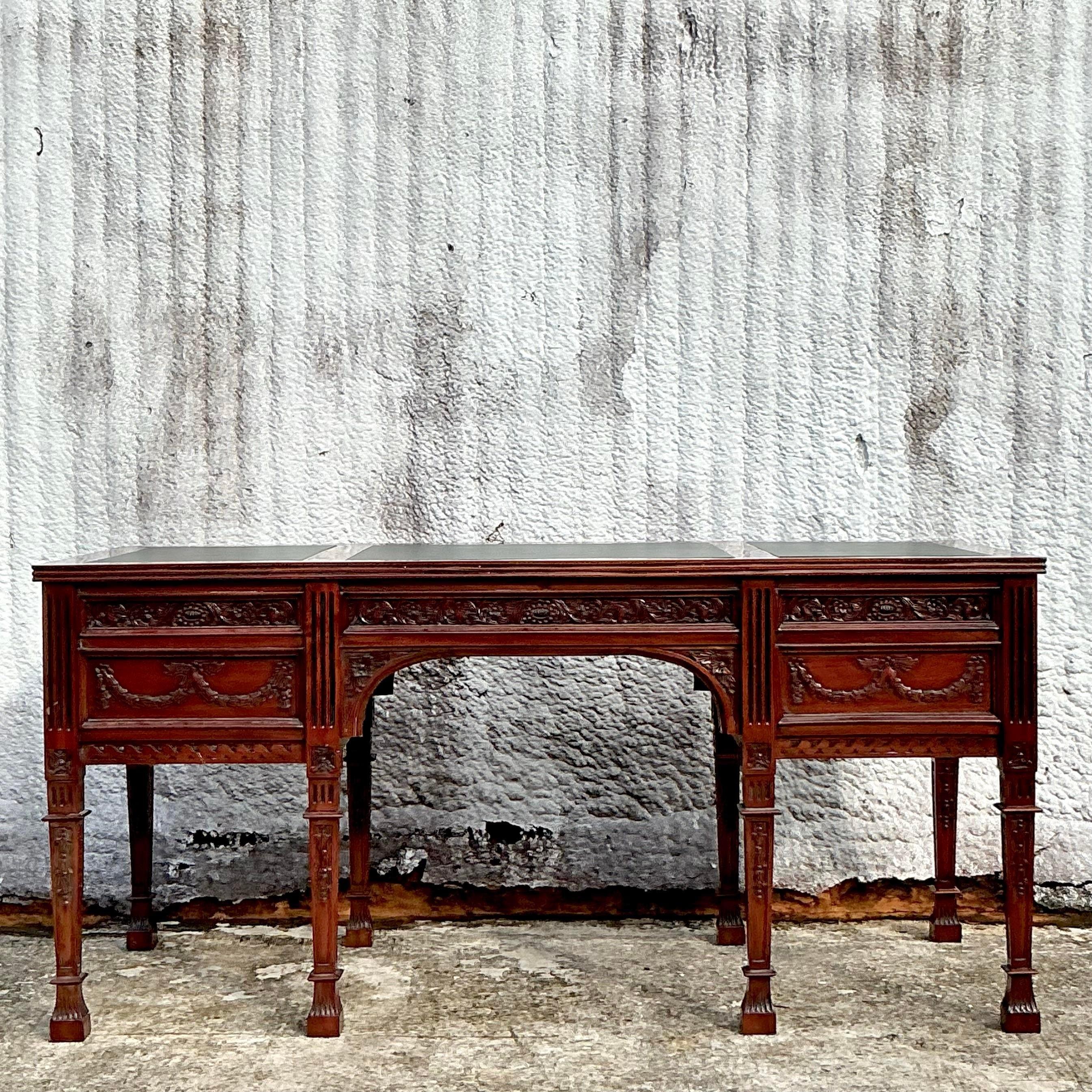 Vintage Regency Hand Carved Executive Desk In Good Condition In West Palm Beach, FL
