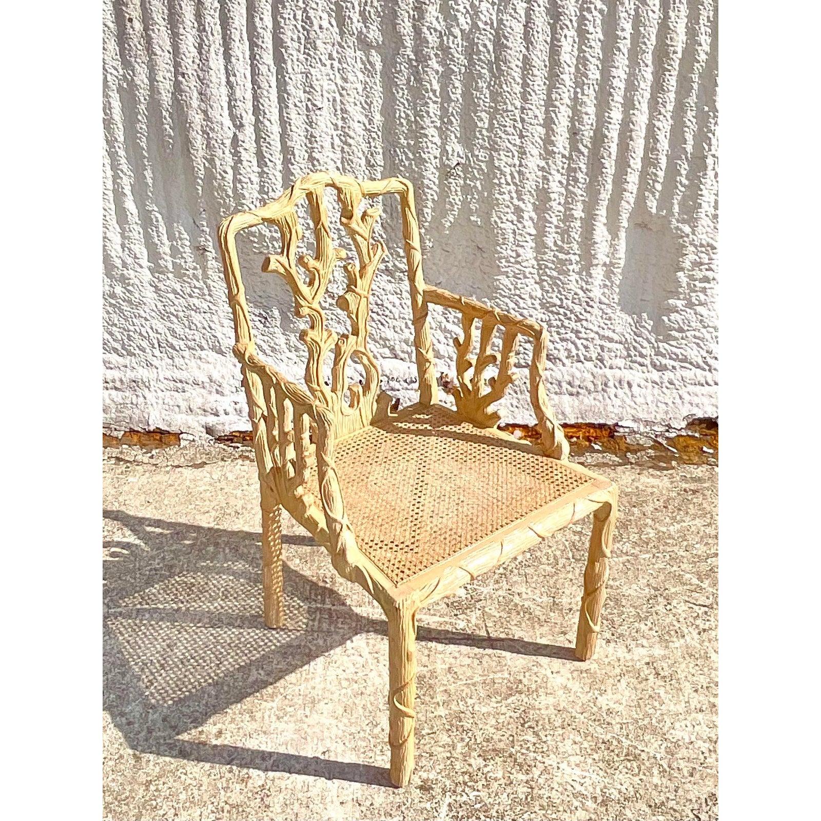 North American Vintage Regency Hand Carved Faux Bois Chair