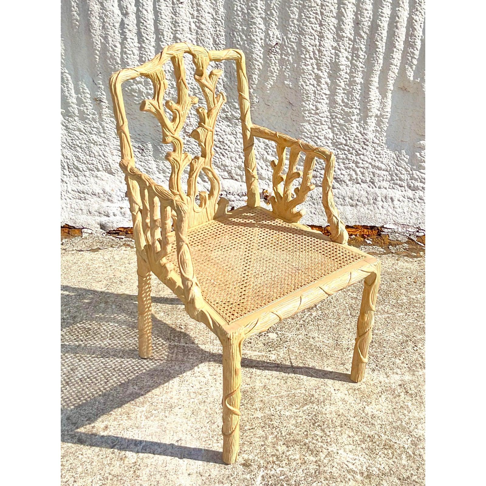 Vintage Regency Hand Carved Faux Bois Chair In Good Condition In west palm beach, FL
