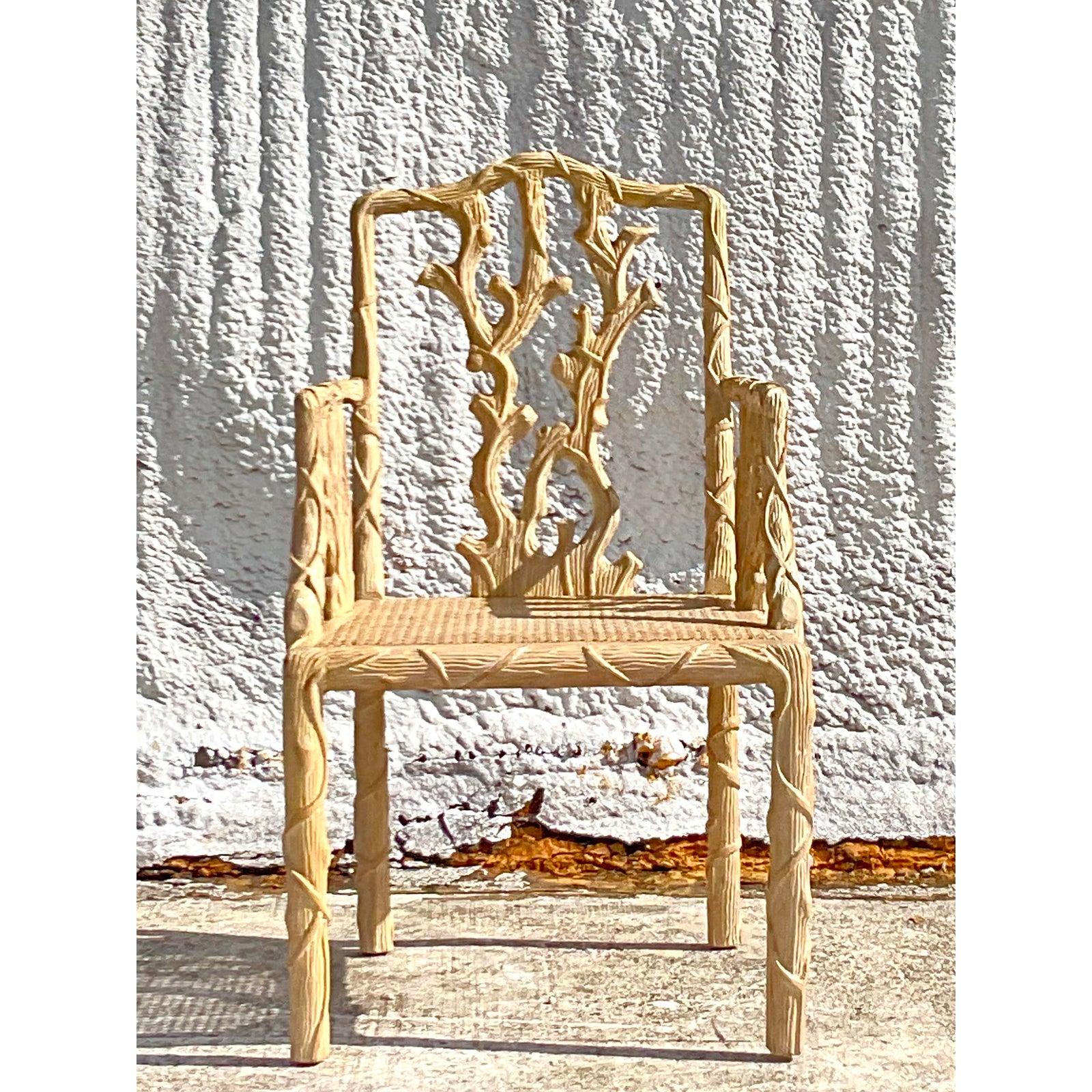 Cane Vintage Regency Hand Carved Faux Bois Chair