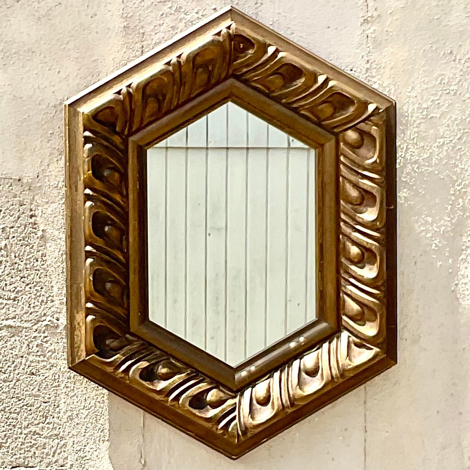 Mid-Century Modern Vintage Regency Hand Carved Gilt Hexagon Mirror For Sale