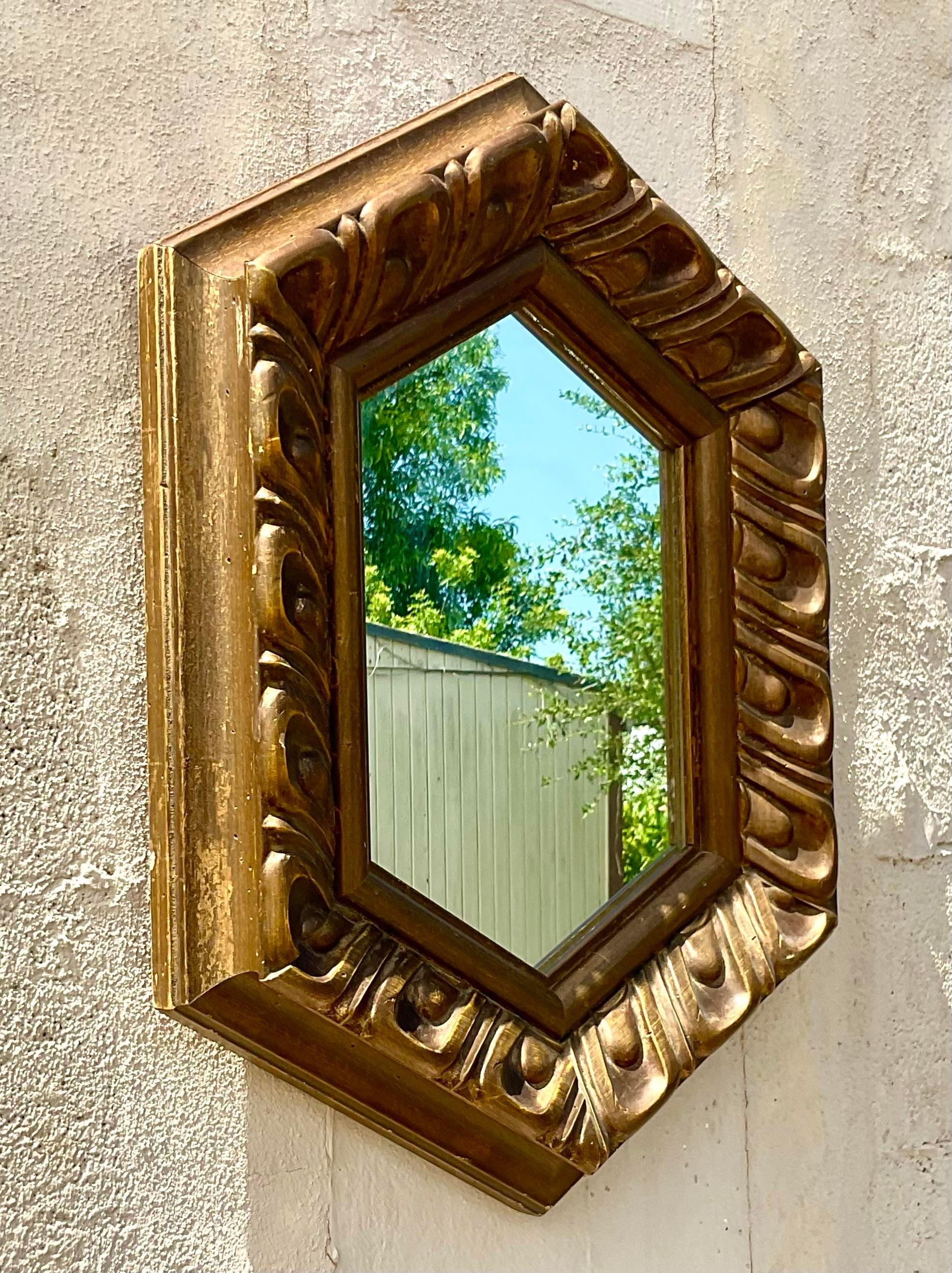 Vintage Regency Hand Carved Gilt Hexagon Mirror In Good Condition For Sale In west palm beach, FL