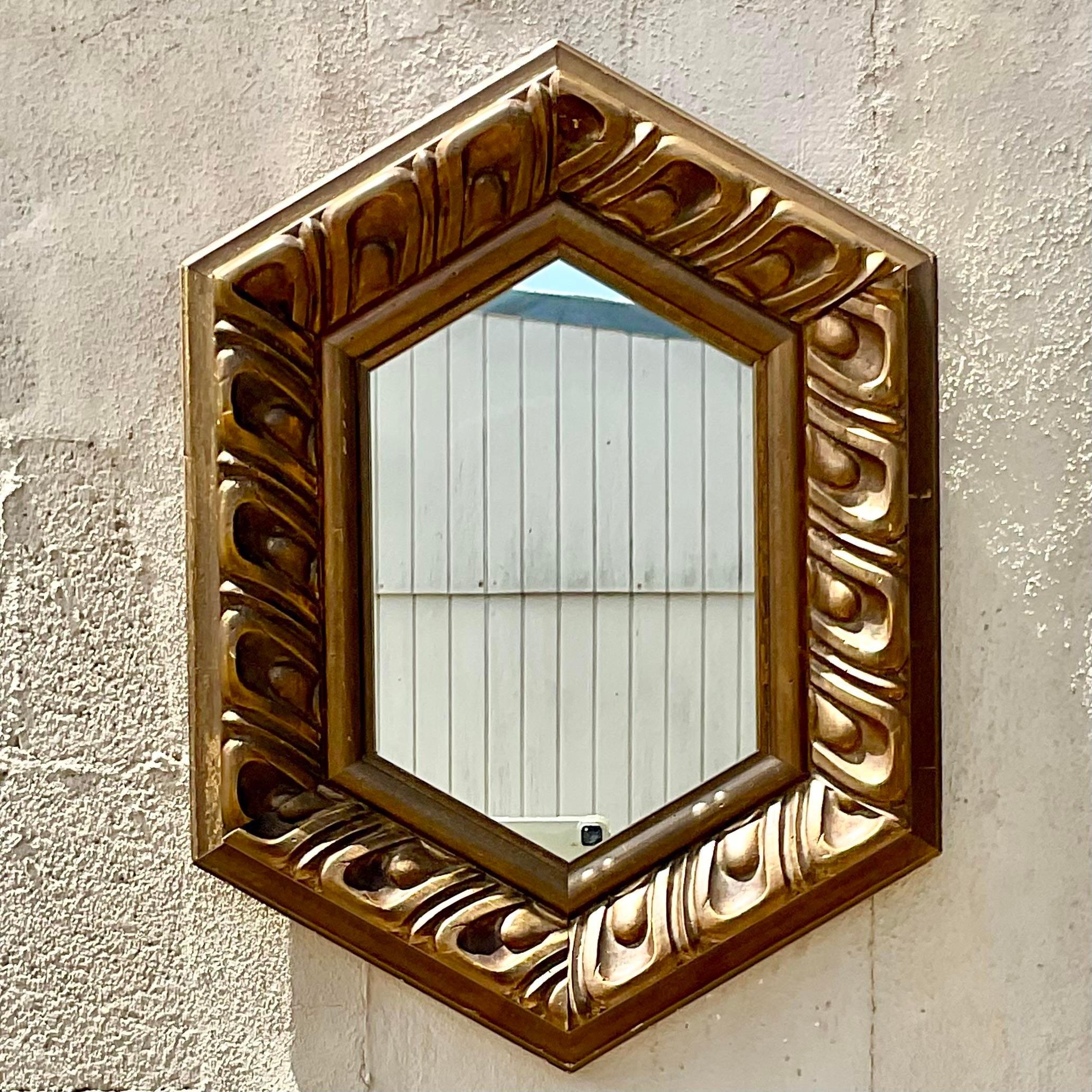 Vintage Regency Hand Carved Gilt Hexagon Mirror For Sale 1