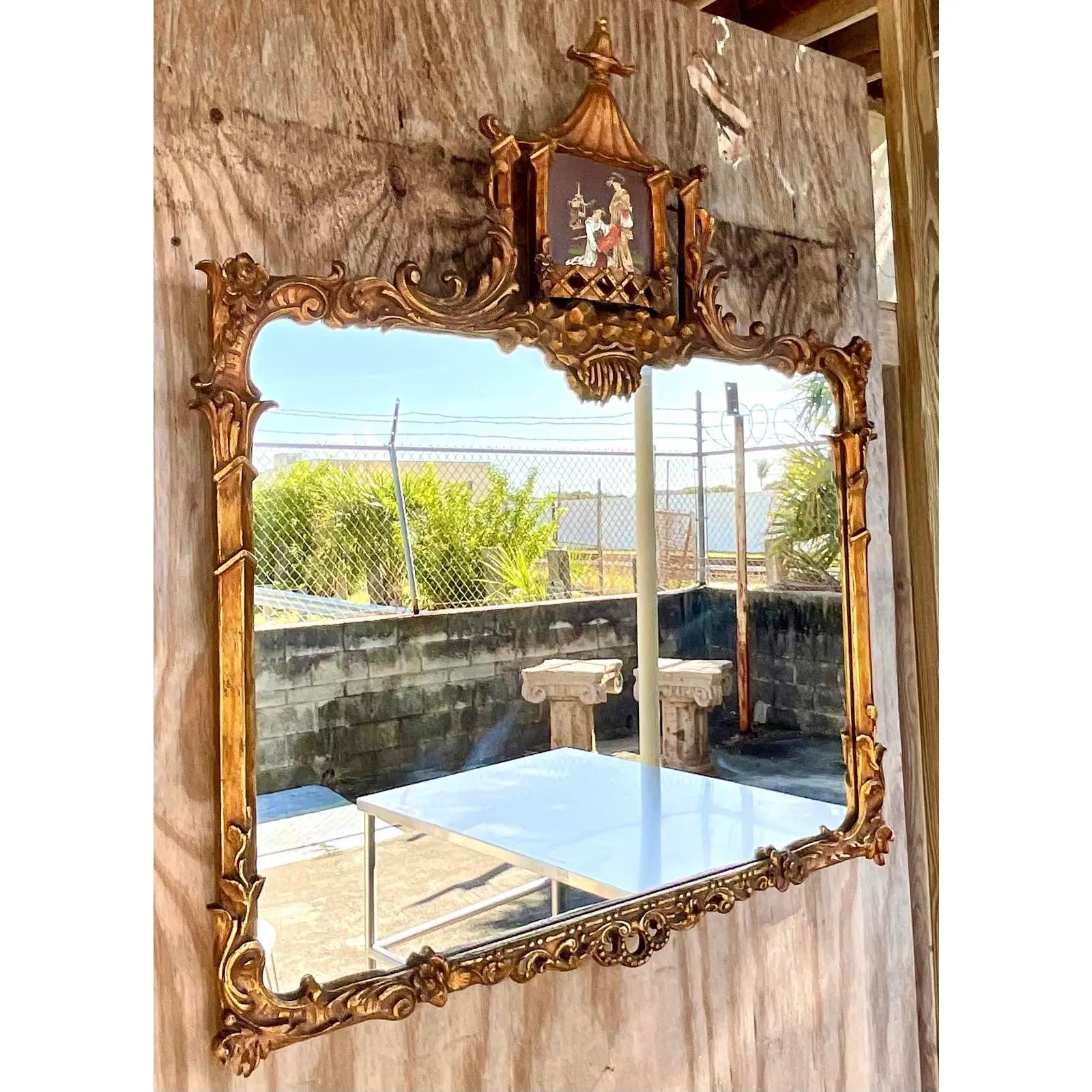 Vintage Regency Hand Carved Gilt Pagoda Mirror For Sale 3