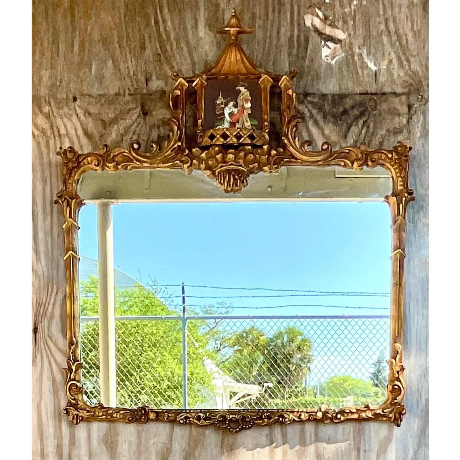 North American Vintage Regency Hand Carved Gilt Pagoda Mirror For Sale