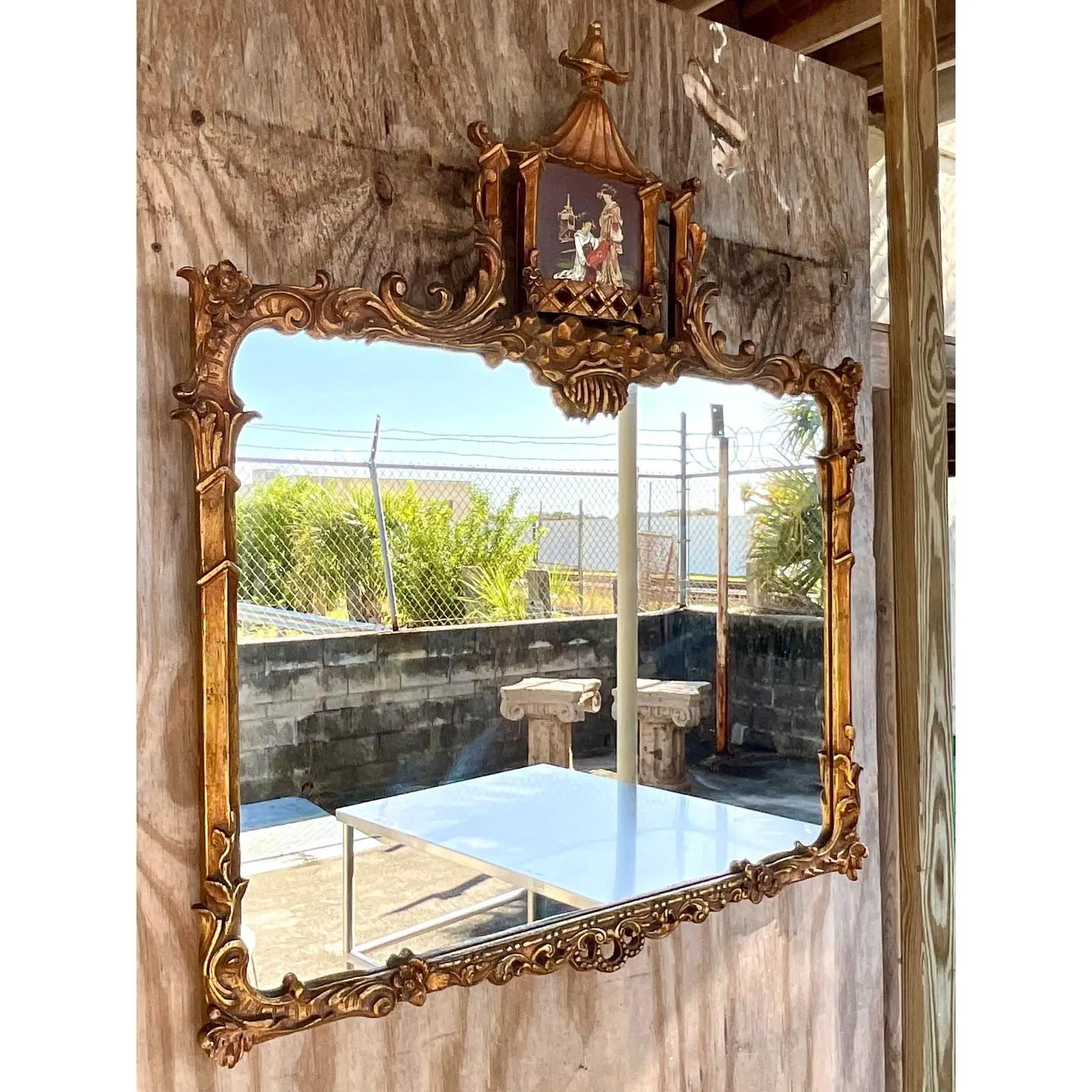 Vintage Regency Hand Carved Gilt Pagoda Mirror In Good Condition For Sale In west palm beach, FL