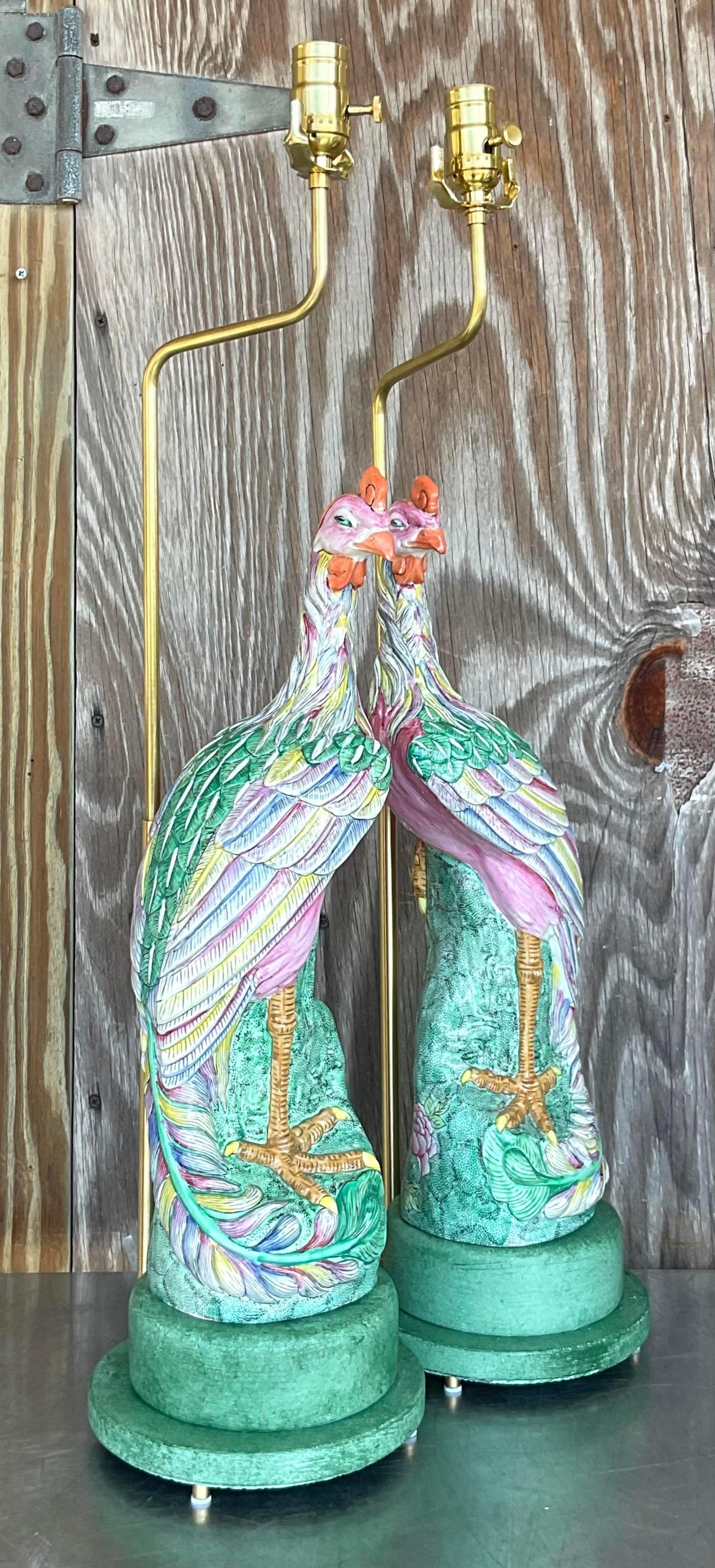 American Vintage Regency Hand Painted Bird Lamps - a Pair