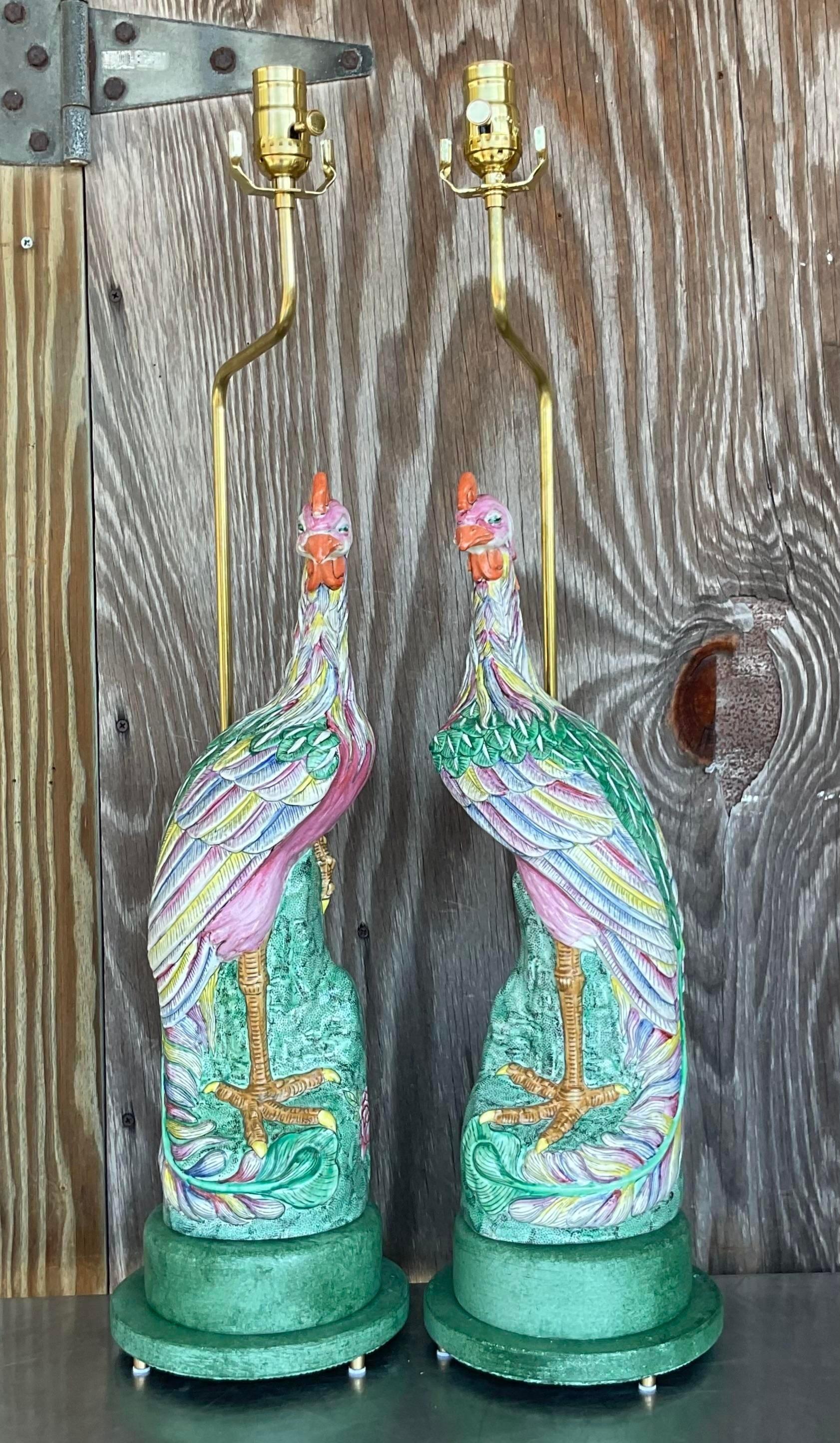 Vintage Regency Hand Painted Bird Lamps - a Pair In Good Condition In west palm beach, FL