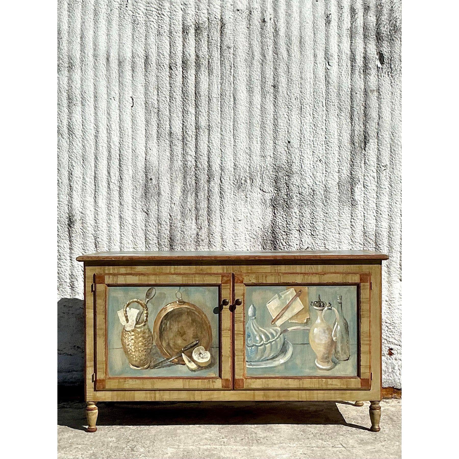 Wood Vintage Regency Hand Painted Cabinet For Sale