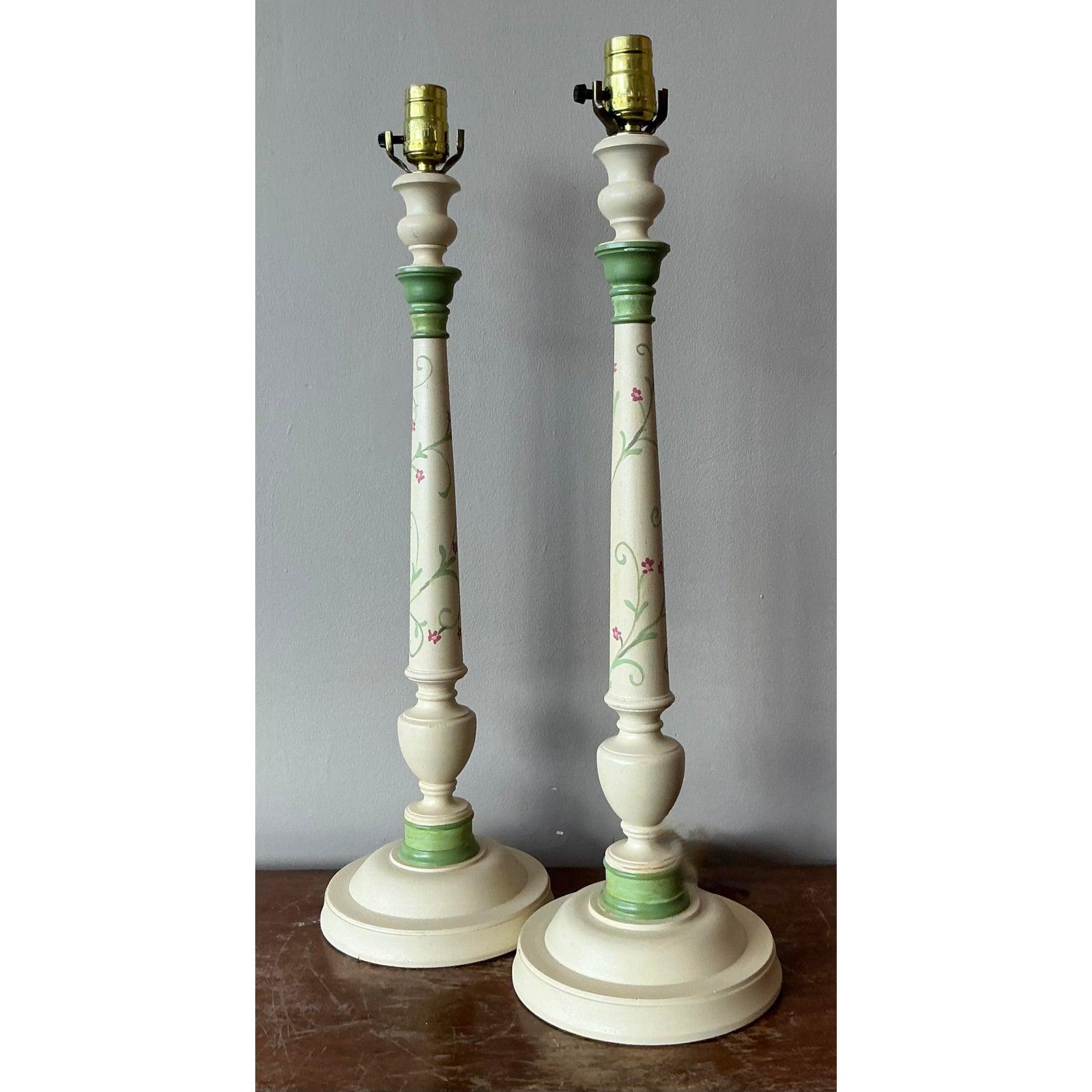 French Provincial Vintage Regency Hand Painted Candlestick Lamps - A Pair For Sale