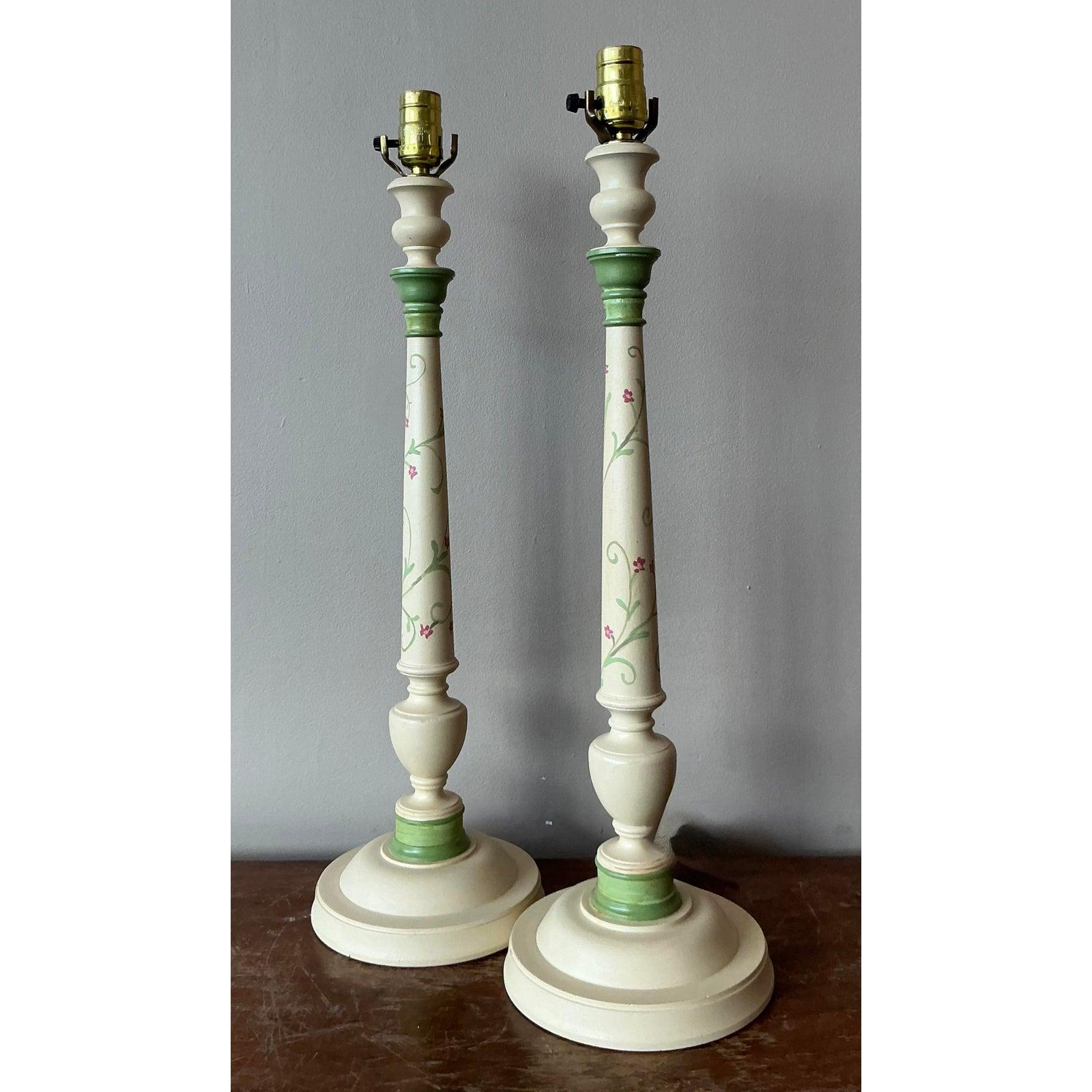 American Vintage Regency Hand Painted Candlestick Lamps - A Pair For Sale