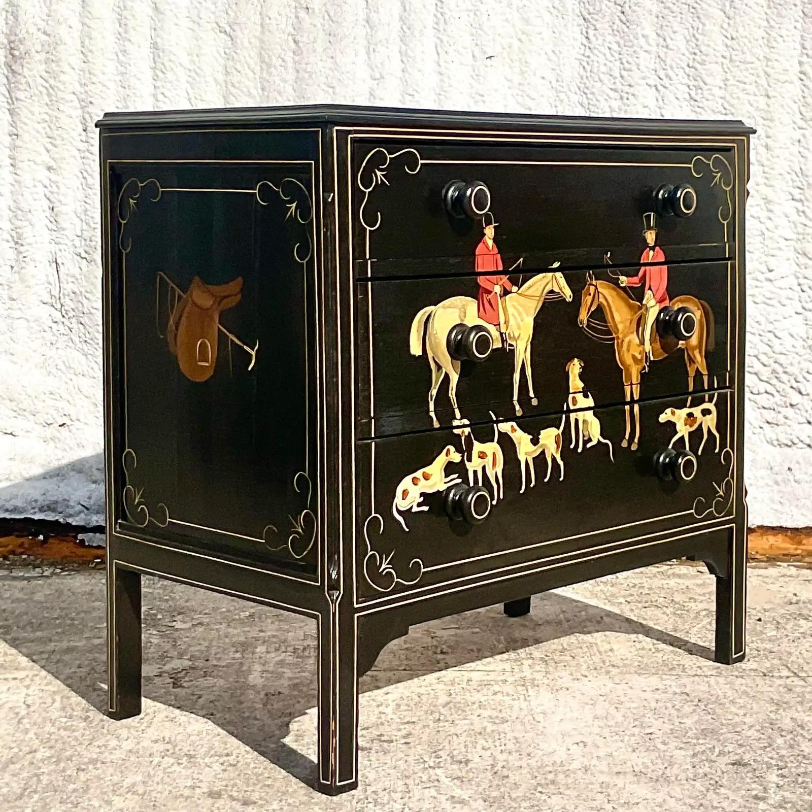 A fabulous vintage Regency chest of drawers. An antique piece that has been beautifully hand painted with scenes of a formal hunt. Lots of horses, dogs and men in full hunt wardrobe. A really special piece. Acquired from a Palm Beach estate.