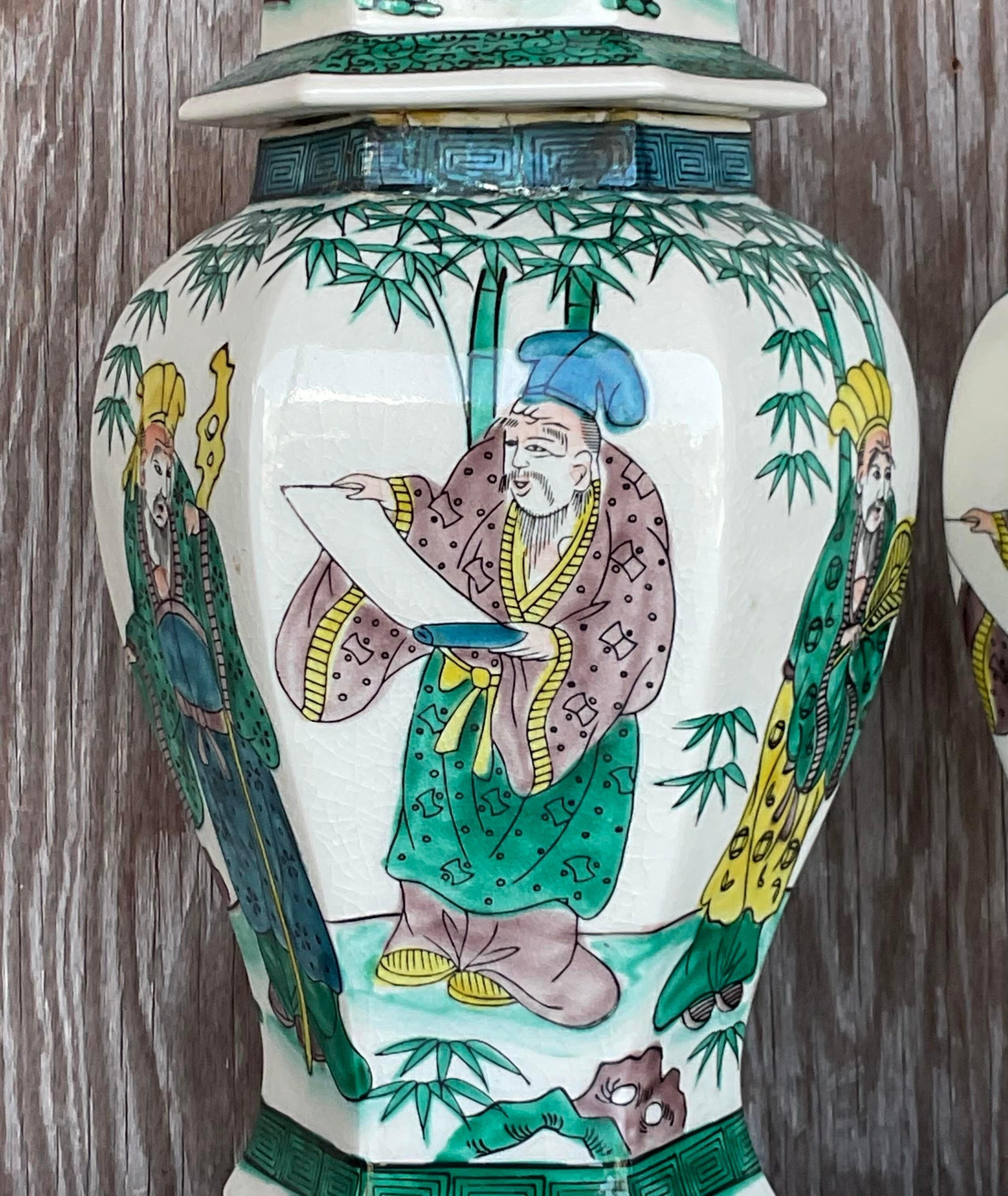 American Vintage Regency Hand Painted Chinoiserie Table Lamps - a Pair For Sale