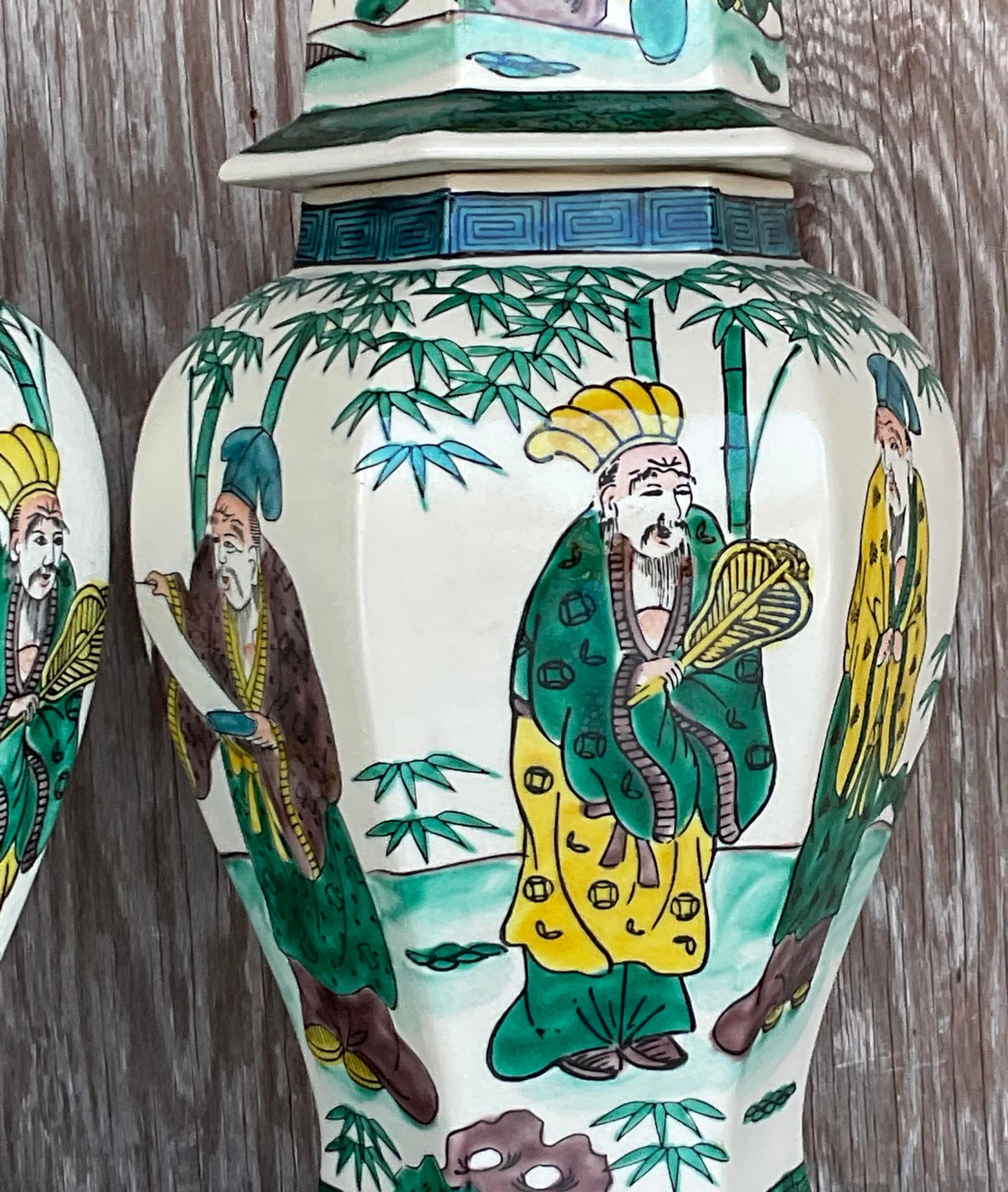 Vintage Regency Hand Painted Chinoiserie Table Lamps - a Pair In Good Condition For Sale In west palm beach, FL