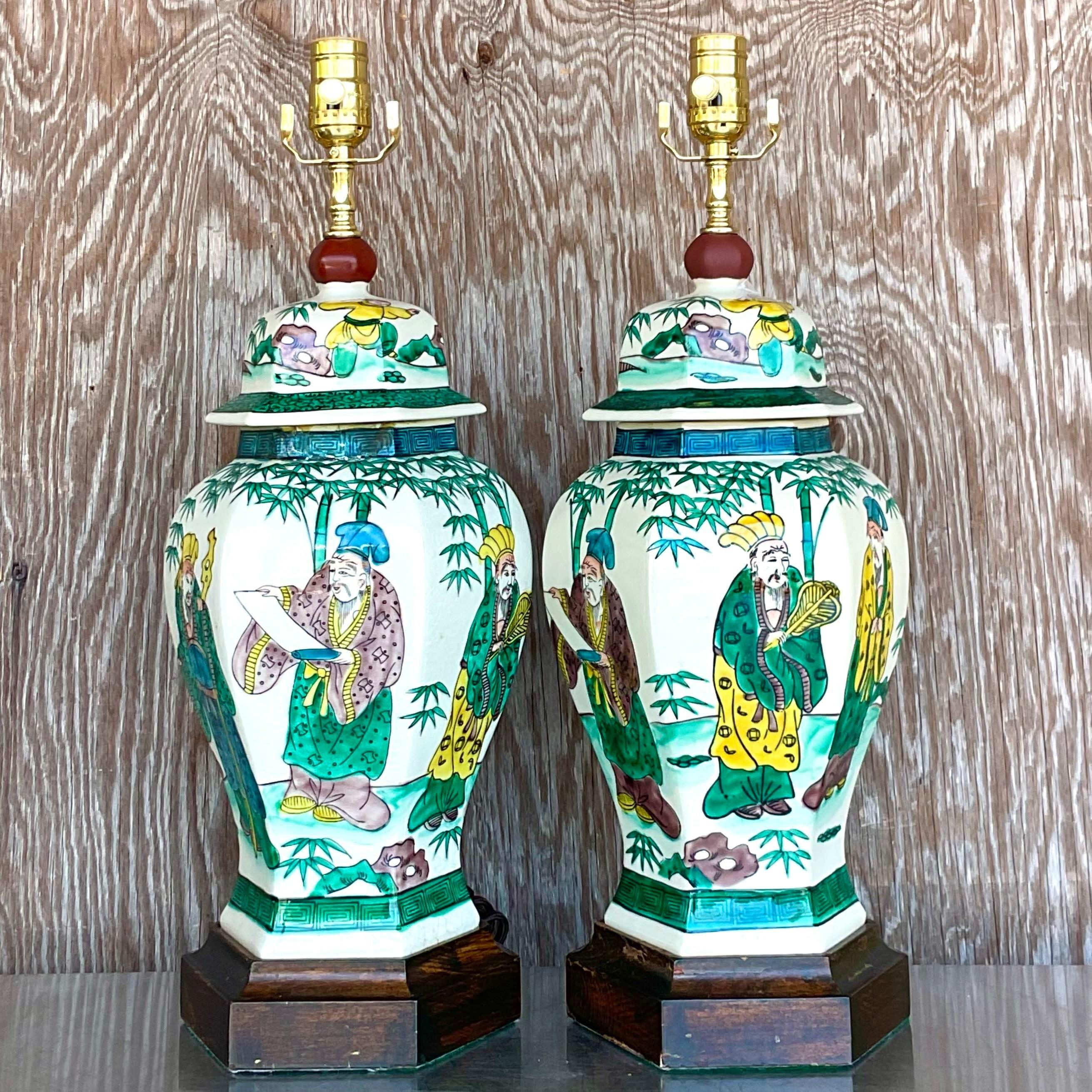 20th Century Vintage Regency Hand Painted Chinoiserie Table Lamps - a Pair For Sale