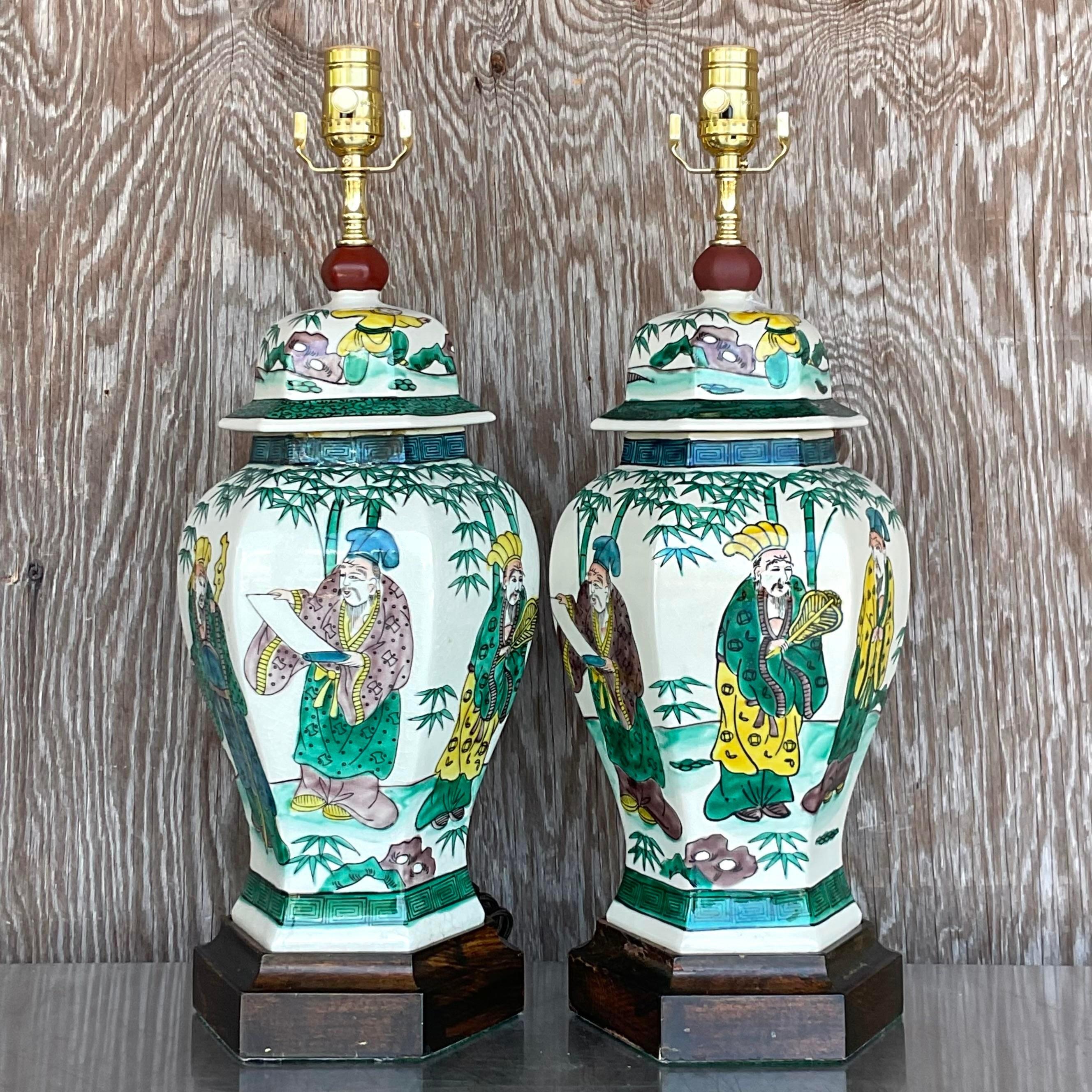 Metal Vintage Regency Hand Painted Chinoiserie Table Lamps - a Pair For Sale