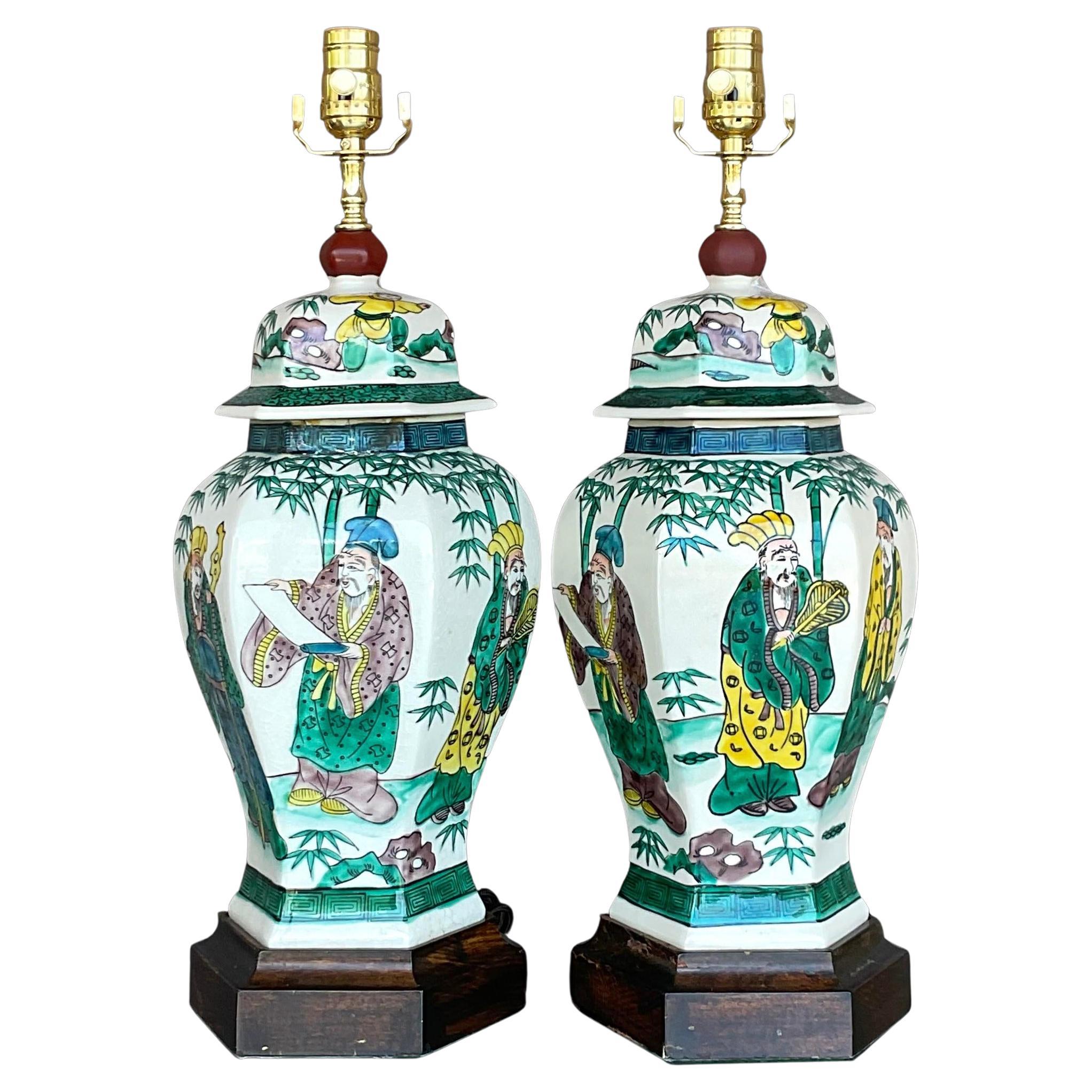 Vintage Regency Hand Painted Chinoiserie Table Lamps - a Pair For Sale