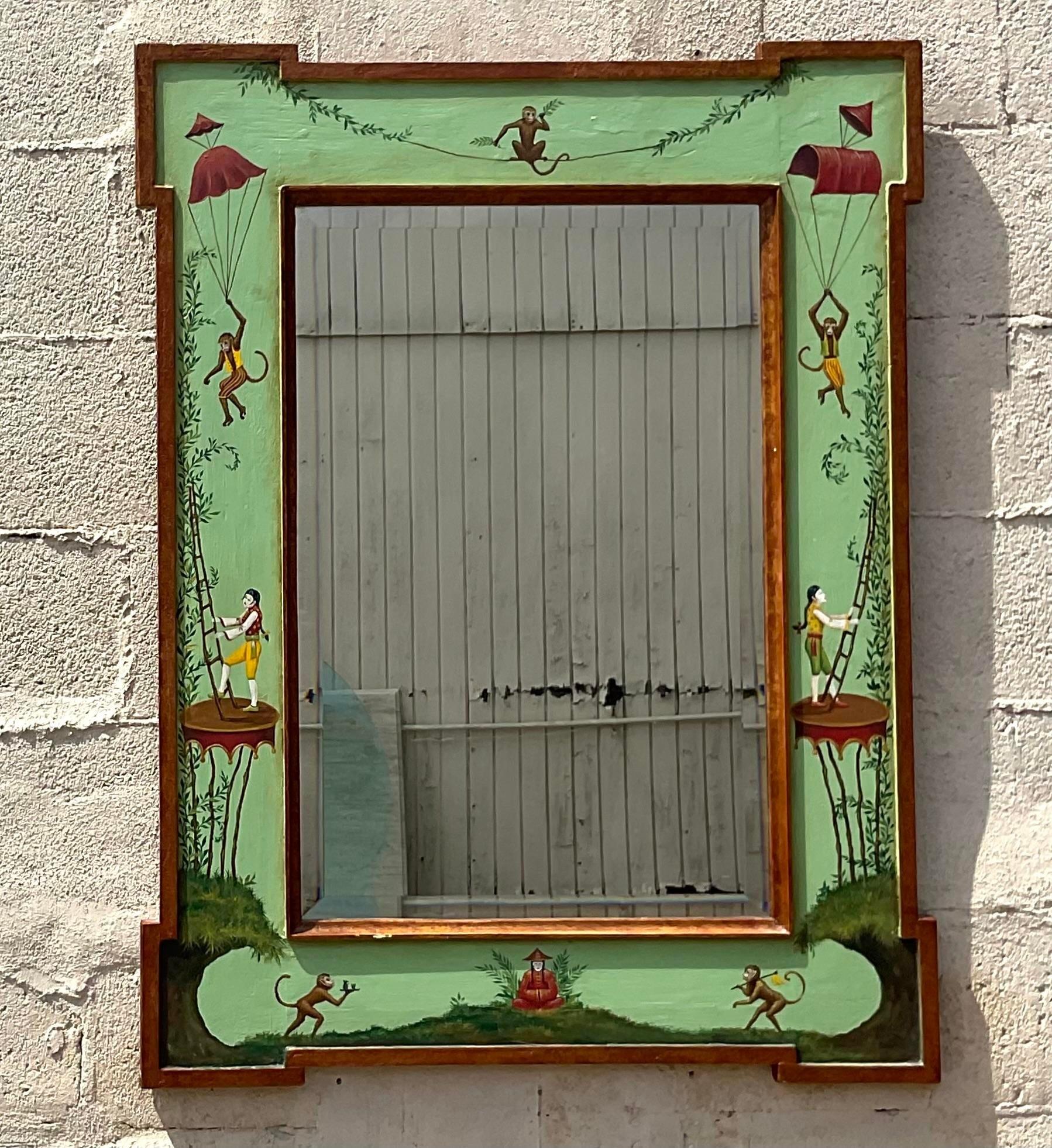 Vintage Regency Hand Painted Circus Mirror In Good Condition For Sale In west palm beach, FL