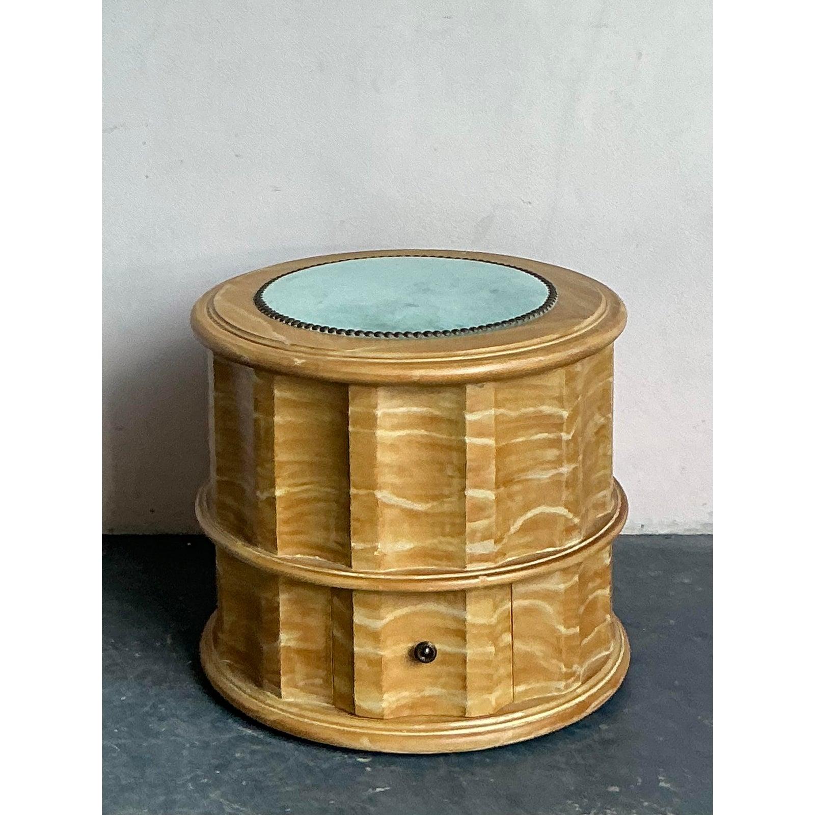 Presenting a charming Vintage Regency Hand Painted Column Low Stool, a versatile piece that effortlessly blends classic elegance with a touch of playful design. This unique stool features a beautifully hand-painted wooden base, showcasing a subtle