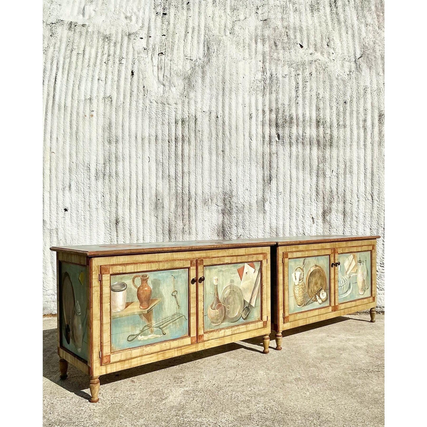 This stunning vintage Regency hand-painted commode showcases exquisite artistry with its intricately painted panels featuring charming still-life scenes. The soft hues and detailed brushstrokes add a timeless elegance, making it a standout piece for