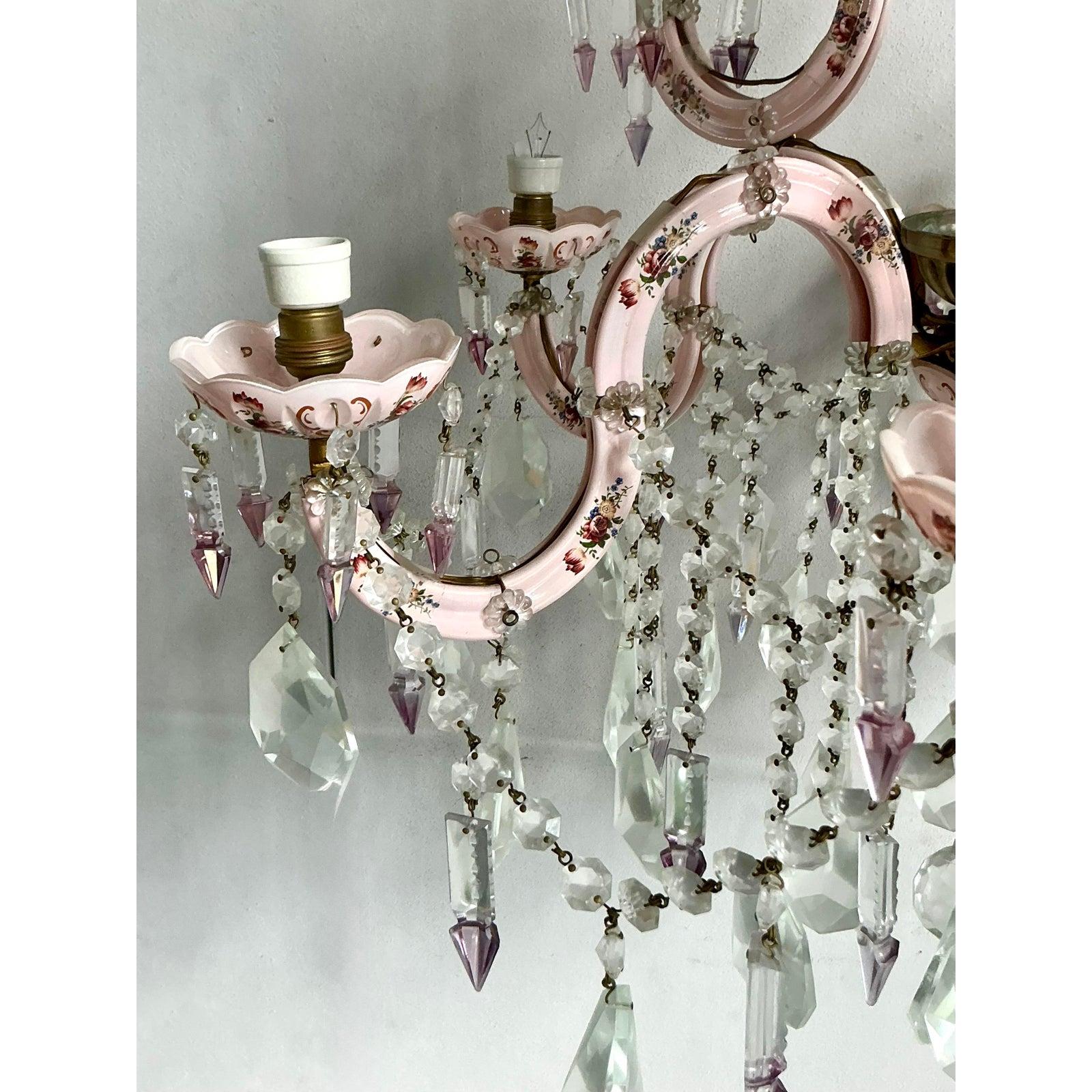 Lustre Vintage Regency peint à la main avec gouttes de cristal en vente 1