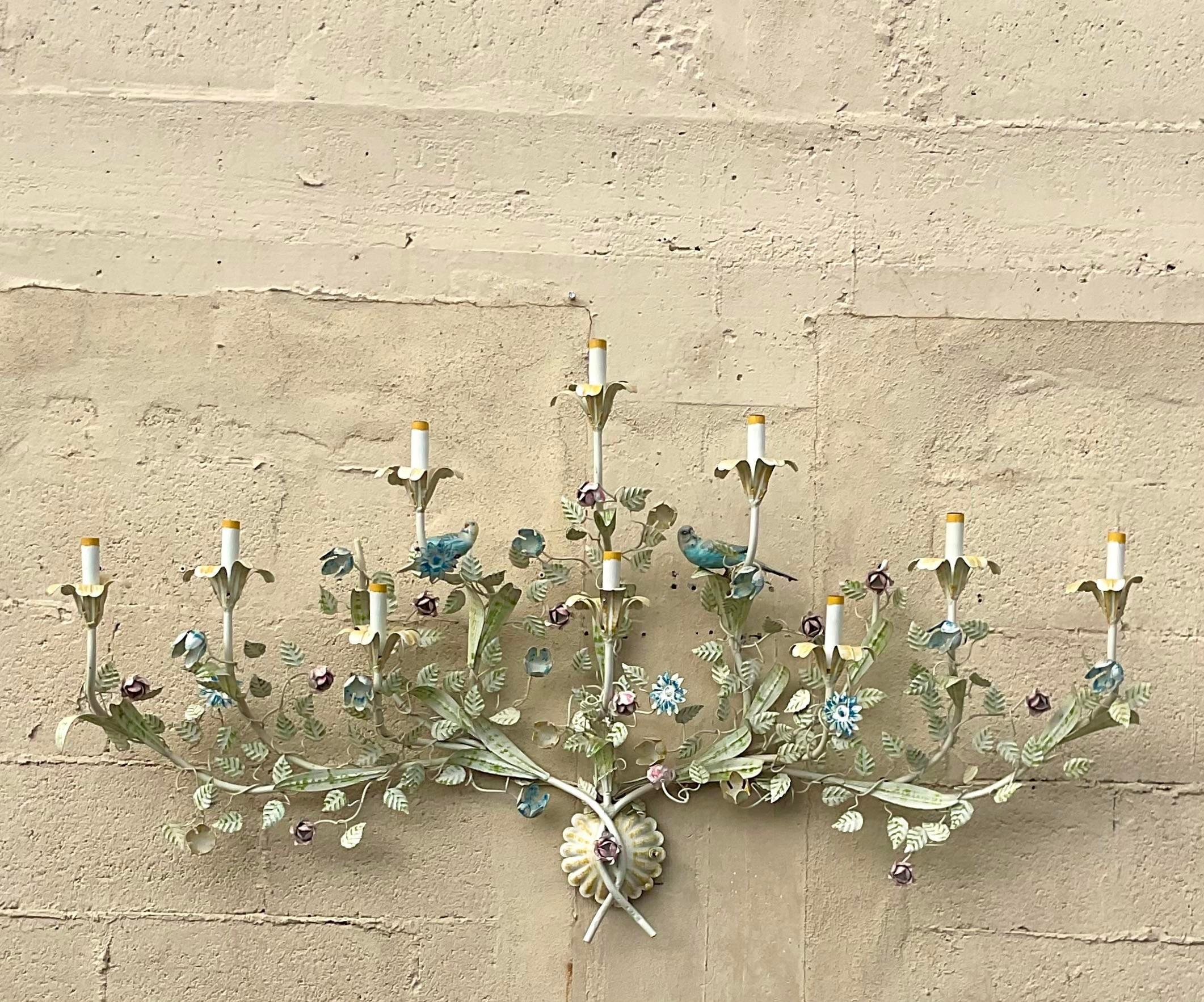 20th Century Vintage Regency Hand Painted Floral Wall Sconce For Sale