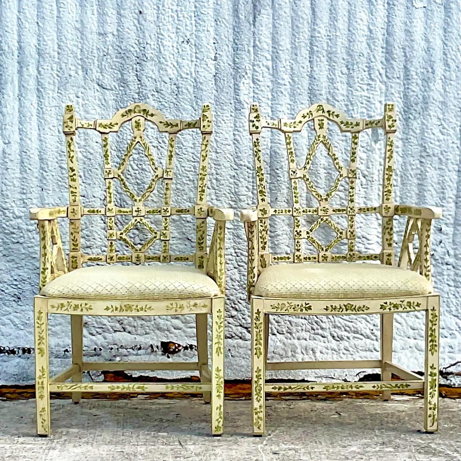 20th Century Vintage Regency Hand Painted LaBarge Arm Chairs - a Pair