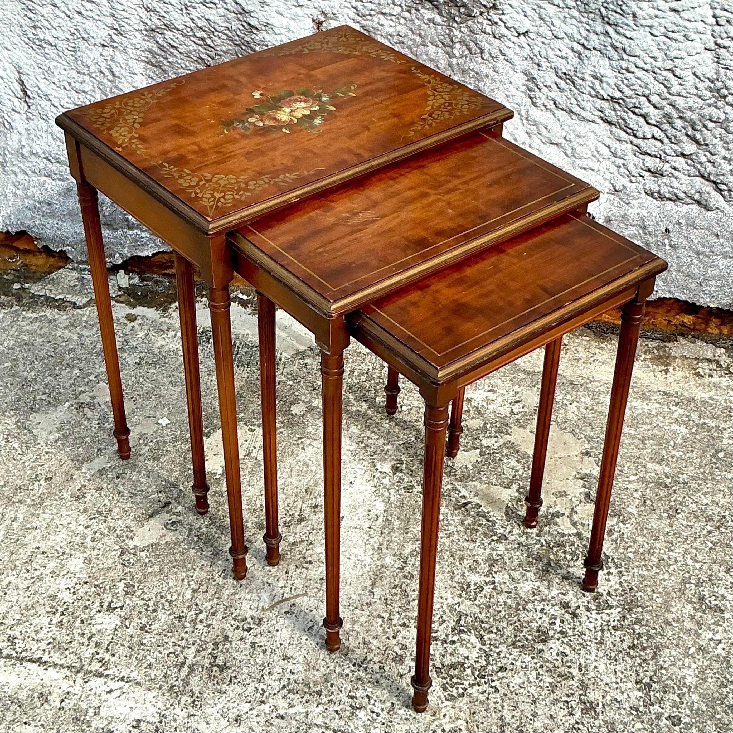 Wood Vintage Regency Hand Painted Nesting Tables - Set of 3 For Sale
