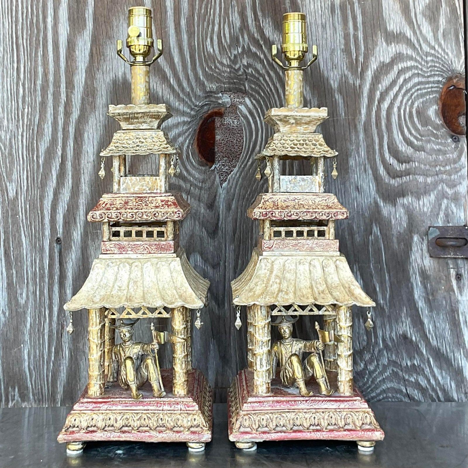 North American Vintage Regency Hand Painted Pagoda Lamps - a Pair