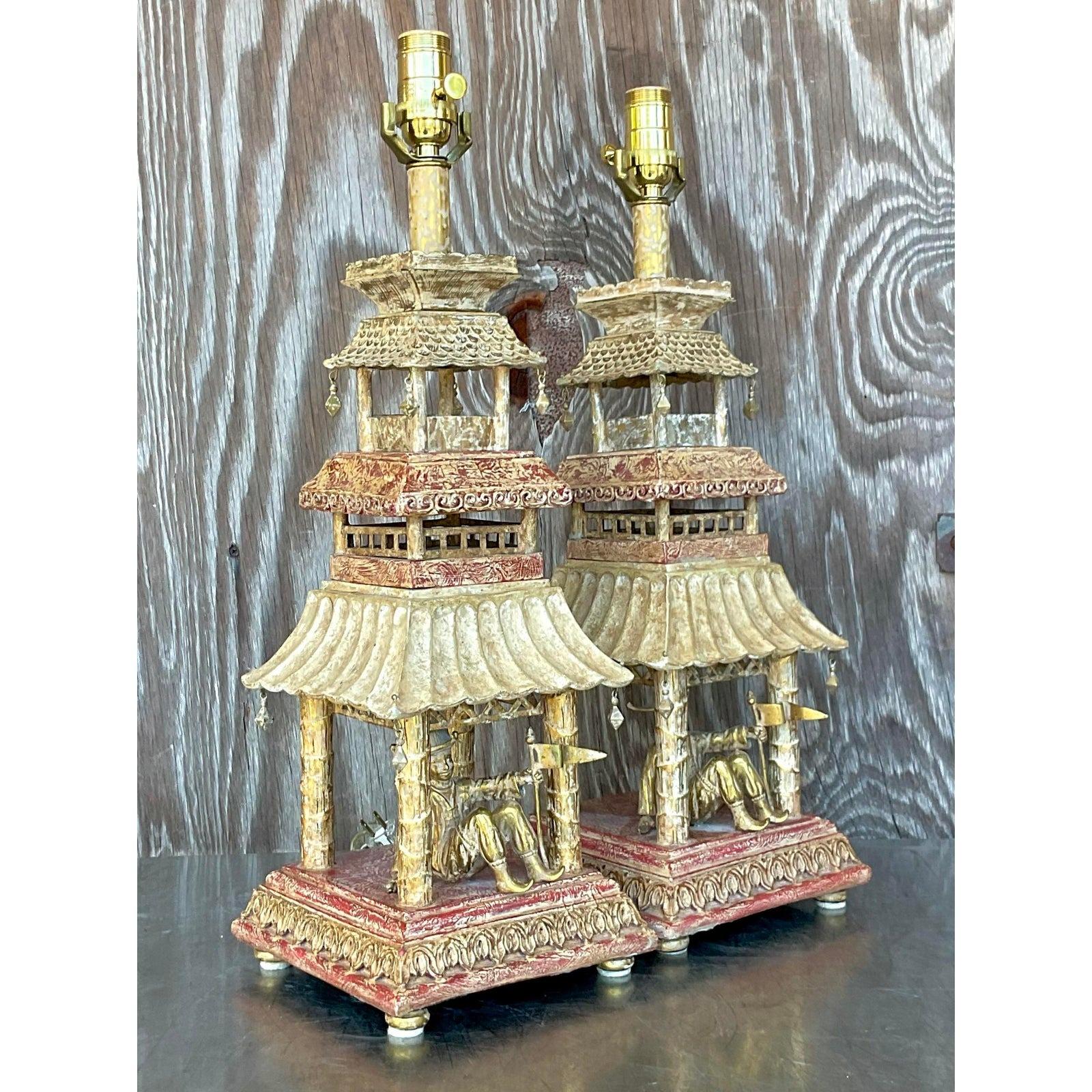 Vintage Regency Hand Painted Pagoda Lamps - a Pair In Good Condition In west palm beach, FL