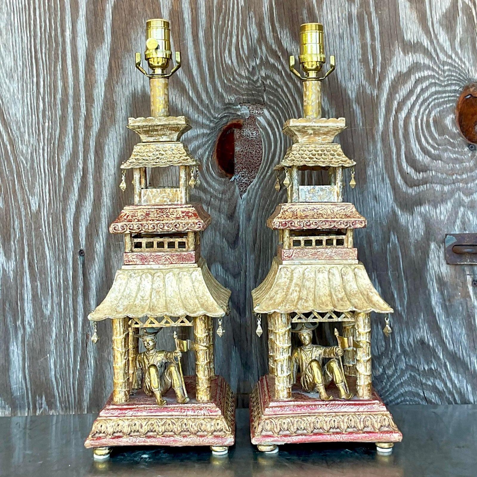 20th Century Vintage Regency Hand Painted Pagoda Lamps - a Pair