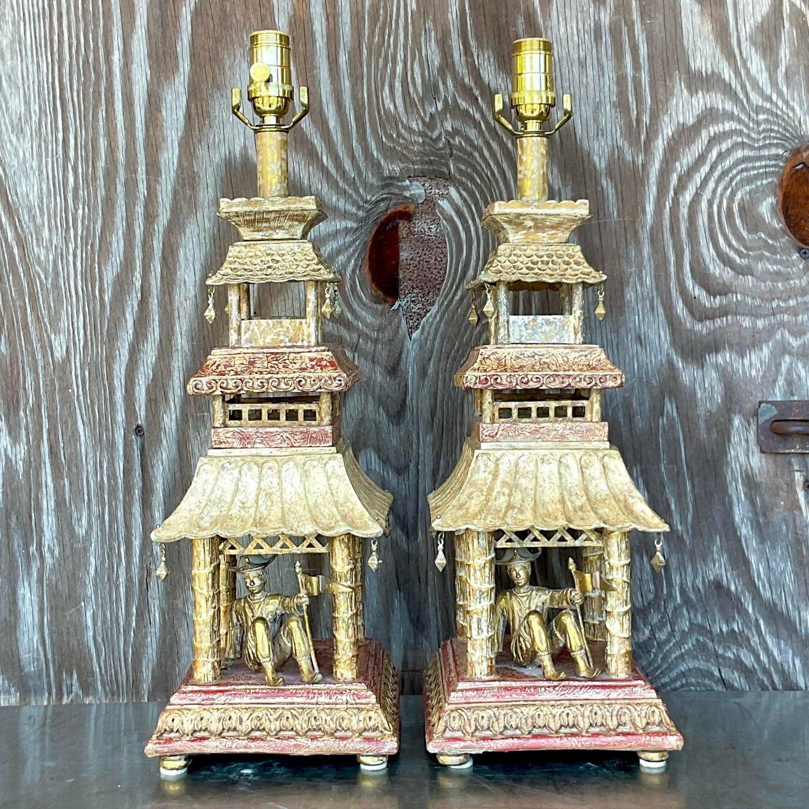 Metal Vintage Regency Hand Painted Pagoda Lamps - a Pair