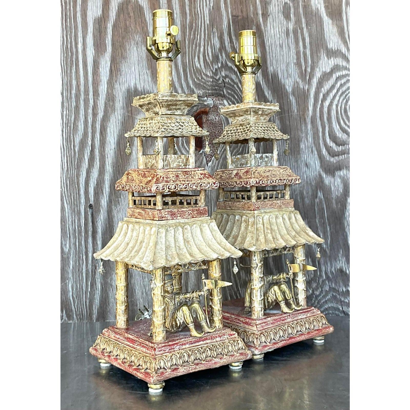 Vintage Regency Hand Painted Pagoda Lamps - a Pair 1