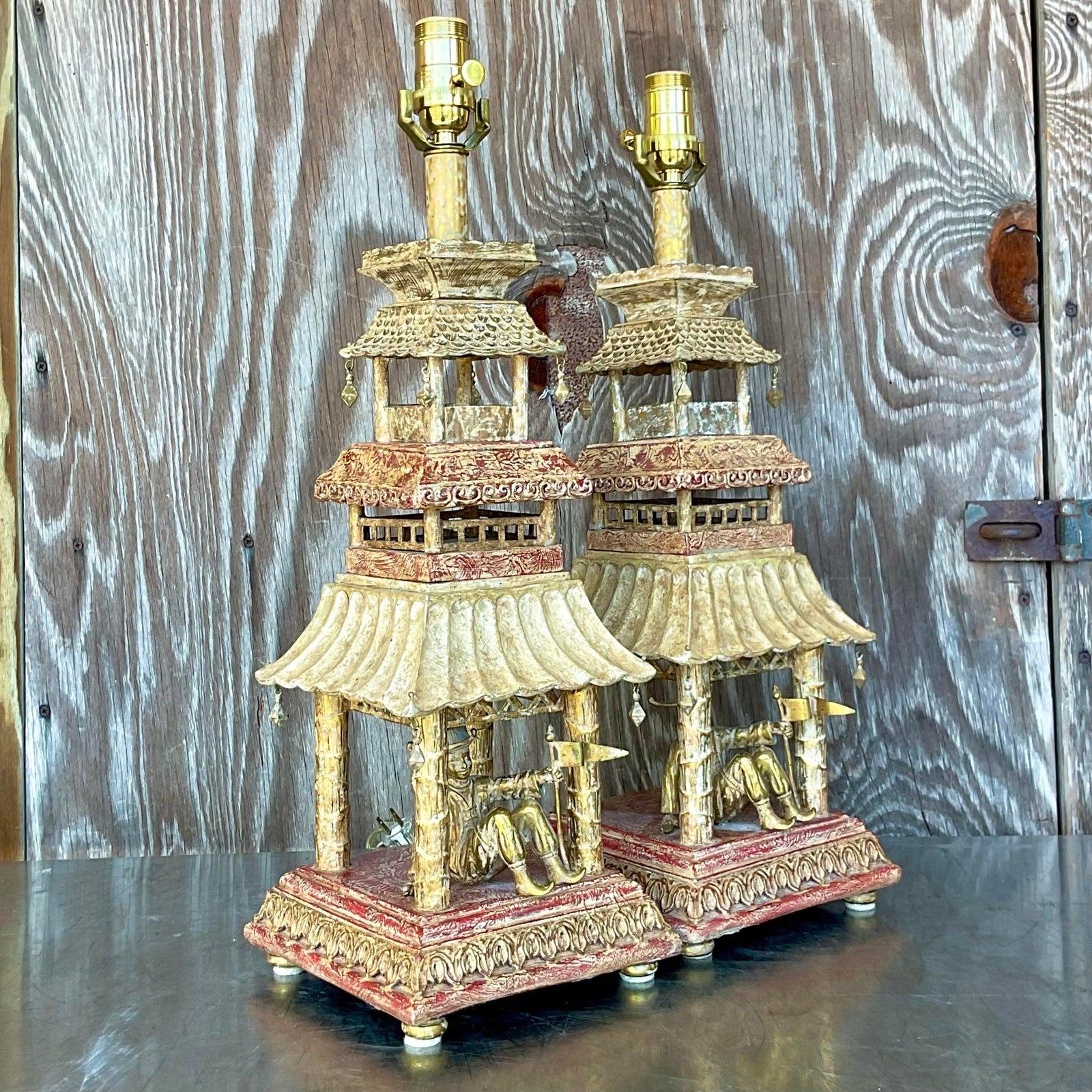 Vintage Regency Hand Painted Pagoda Lamps - a Pair 2