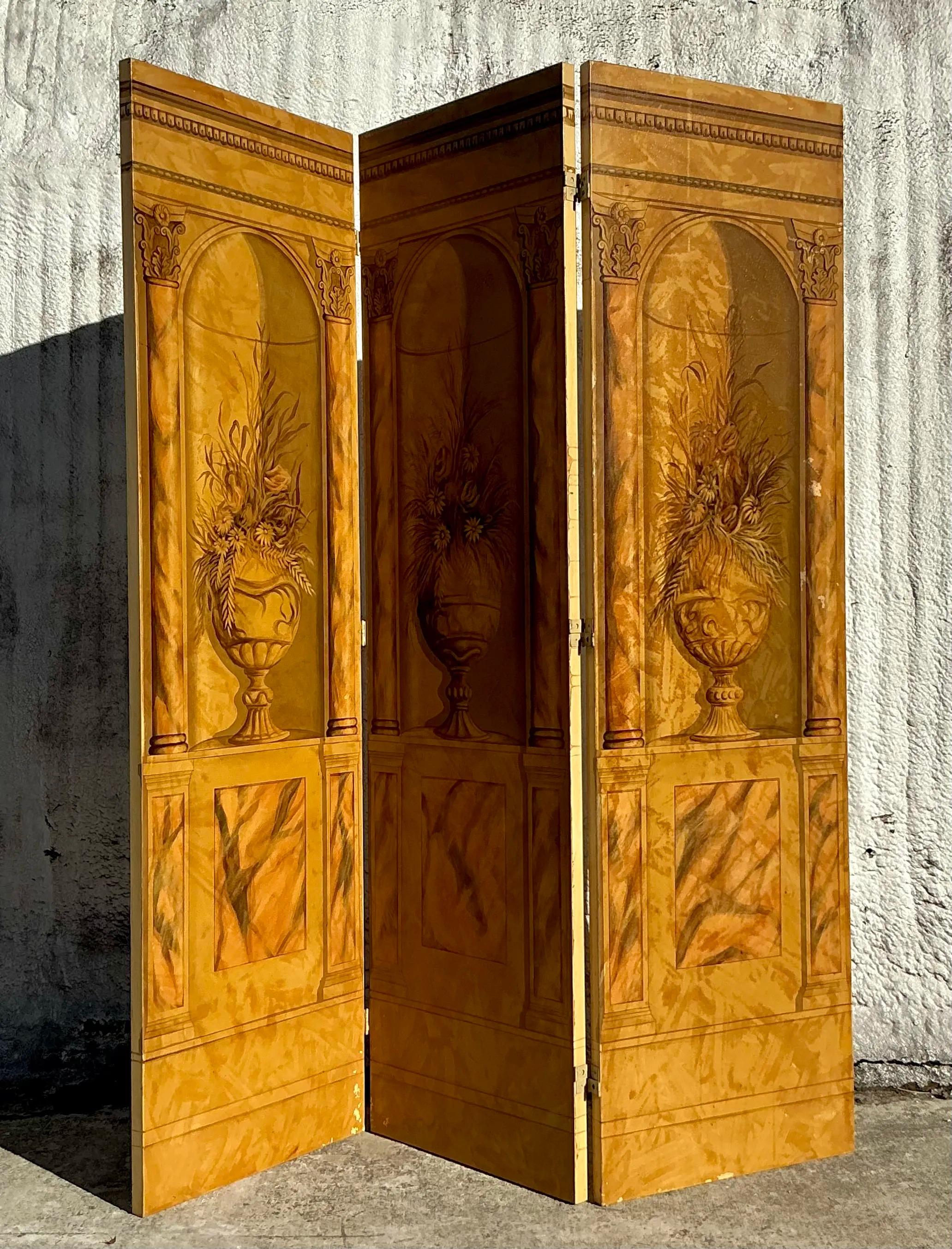 Américain Paravent Regency vintage peint à la main en vente