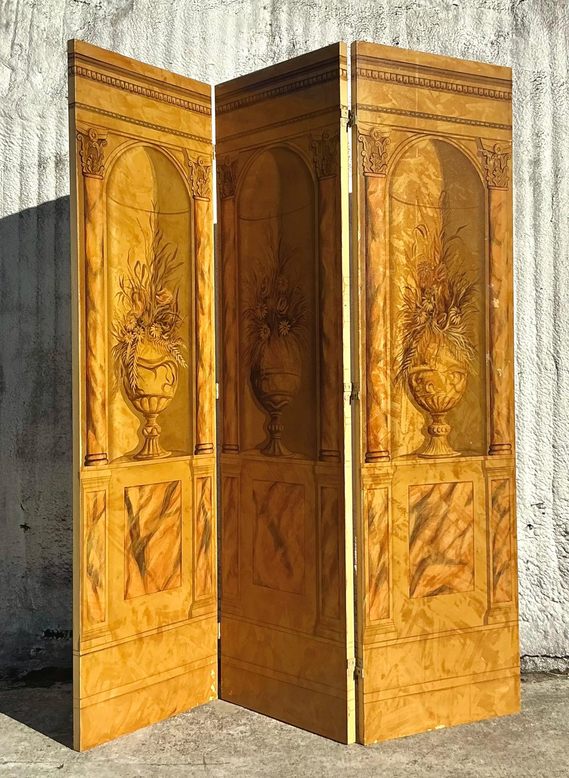 20ième siècle Paravent Regency vintage peint à la main en vente