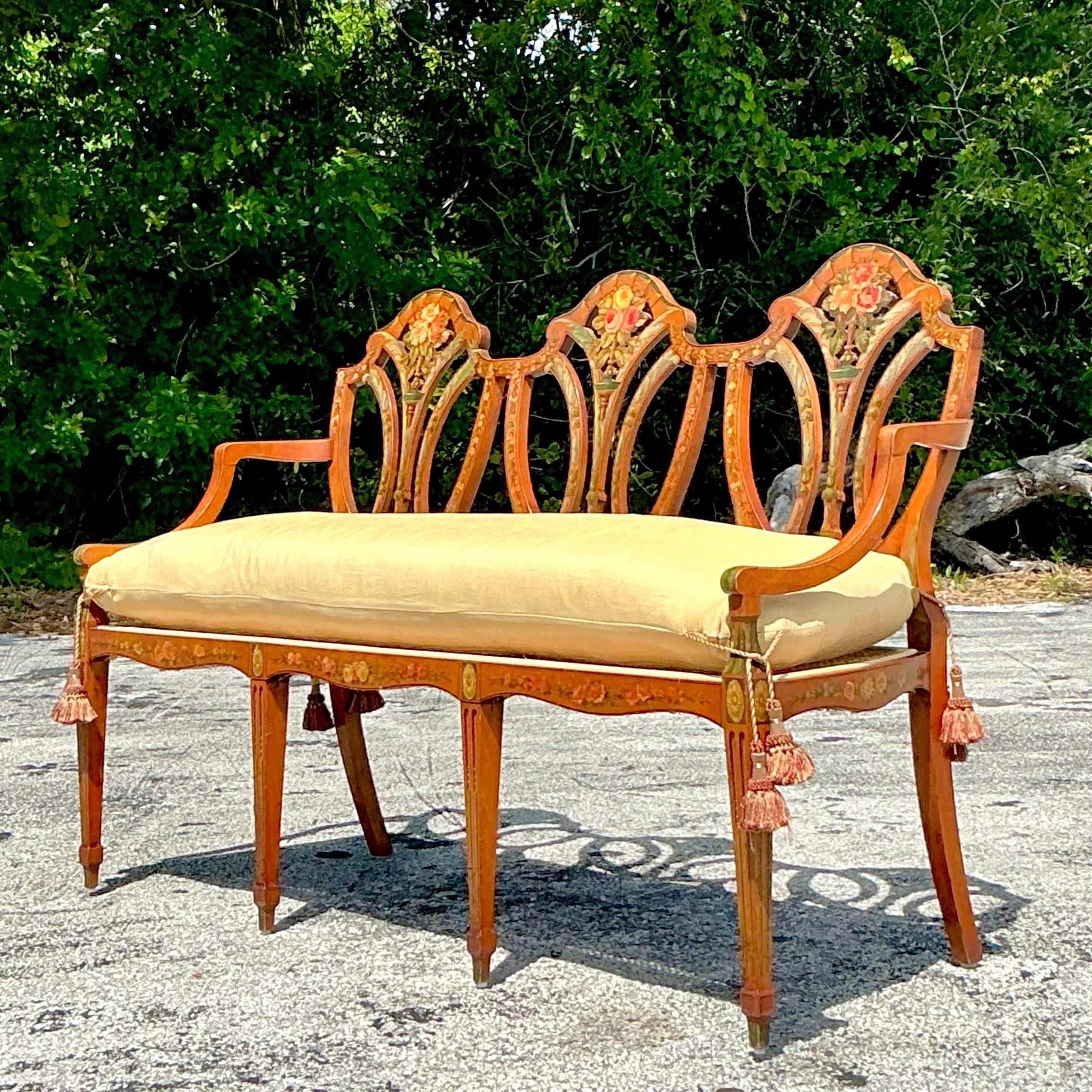Américain Banc vintage Regency peint à la main en bois de citronnier Sheraton en vente