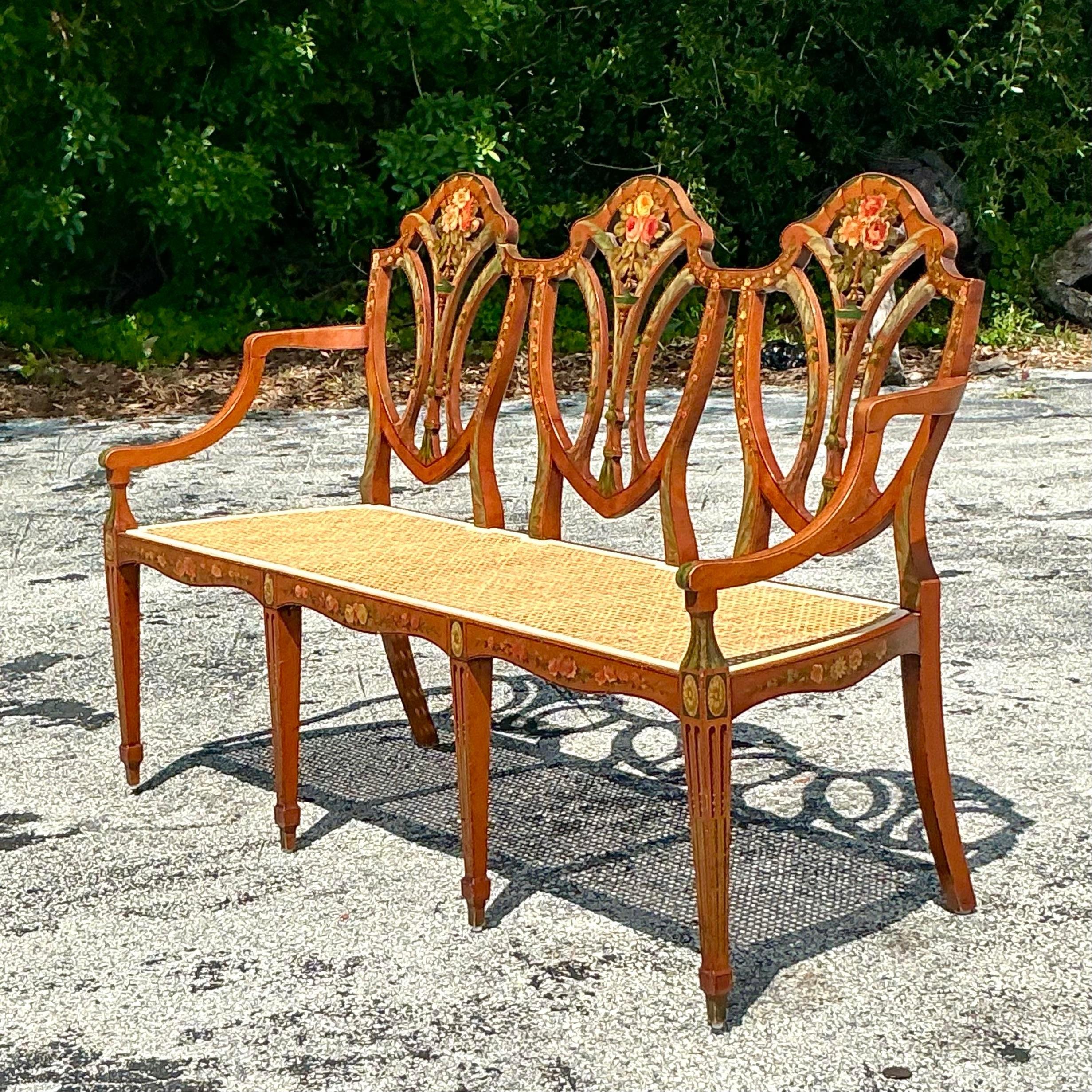 Banc vintage Regency peint à la main en bois de citronnier Sheraton Bon état - En vente à west palm beach, FL