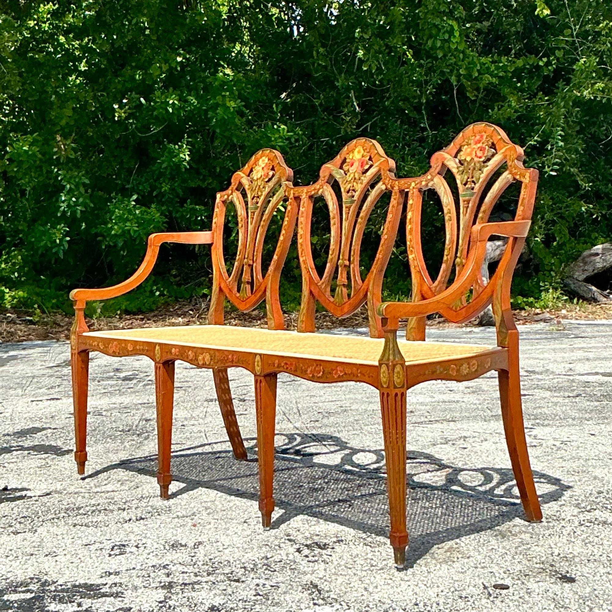 20ième siècle Banc vintage Regency peint à la main en bois de citronnier Sheraton en vente