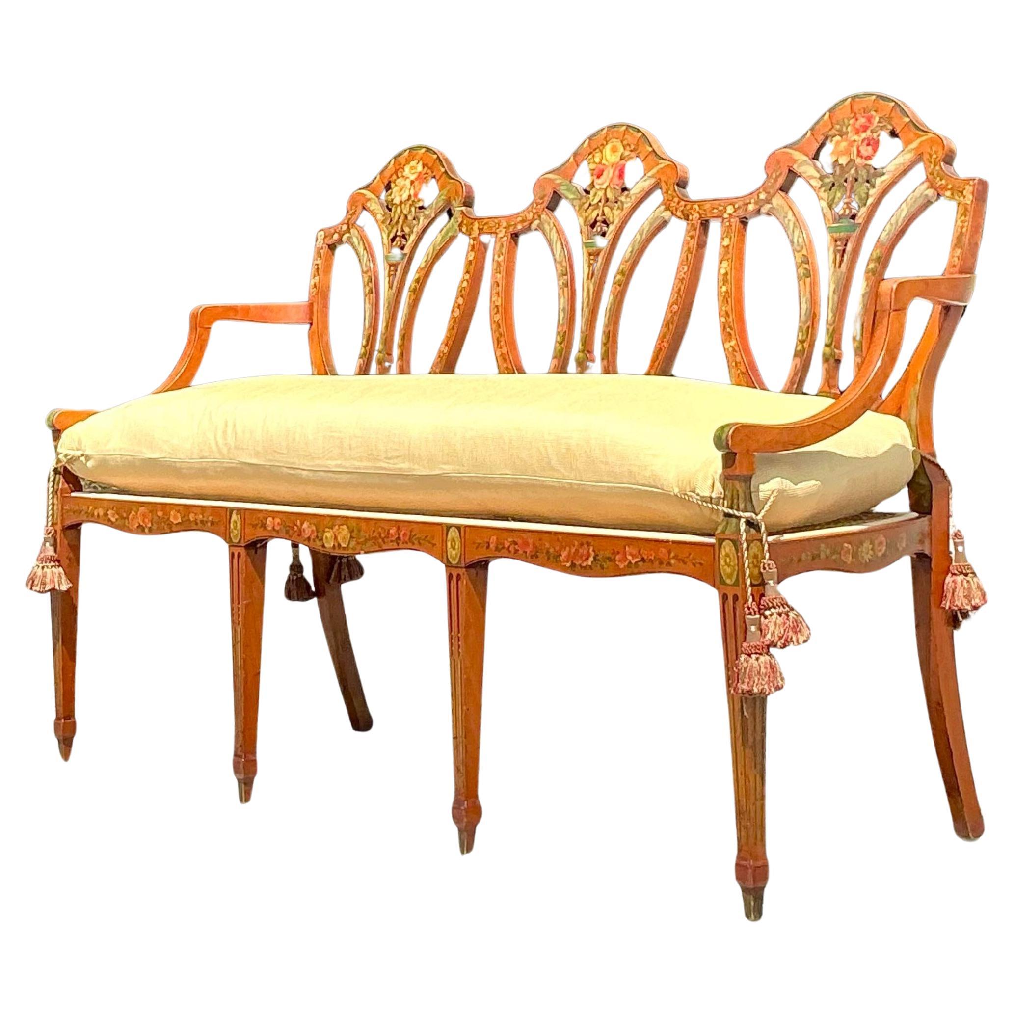 Vintage Regency Hand Painted Sheraton Satinwood Cane Bench