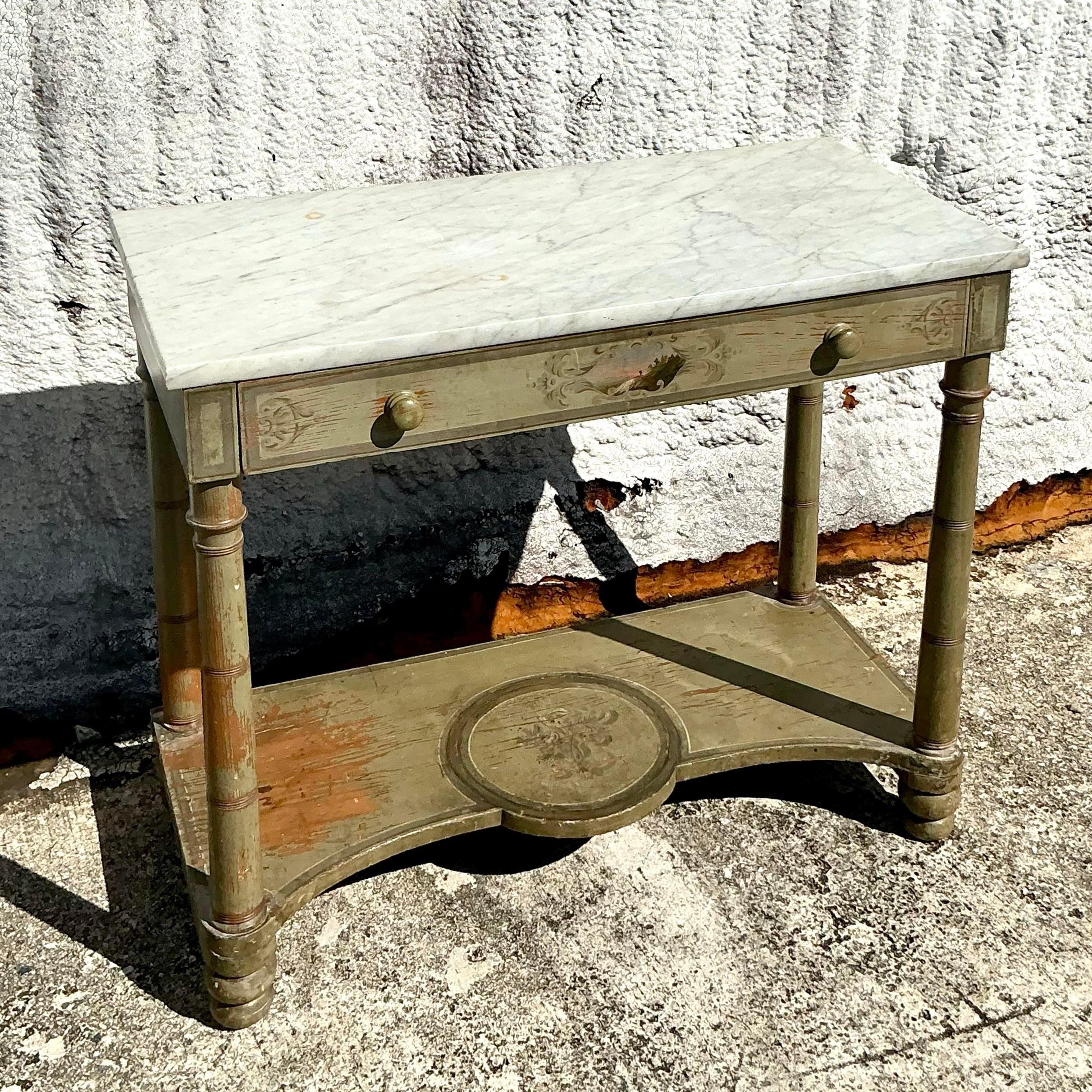 Vintage Regency Hand Painted Stone Top Table In Good Condition For Sale In west palm beach, FL