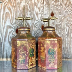 Vintage Regency Hand Painted Tole Lamps, a Pair