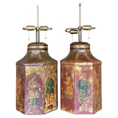 Vintage Regency Hand Painted Tole Lamps, a Pair