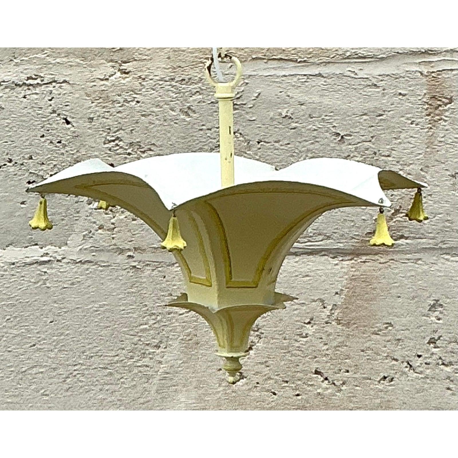Chinoiserie Vintage Regency Hand Painted Tole Pagoda Pendant For Sale