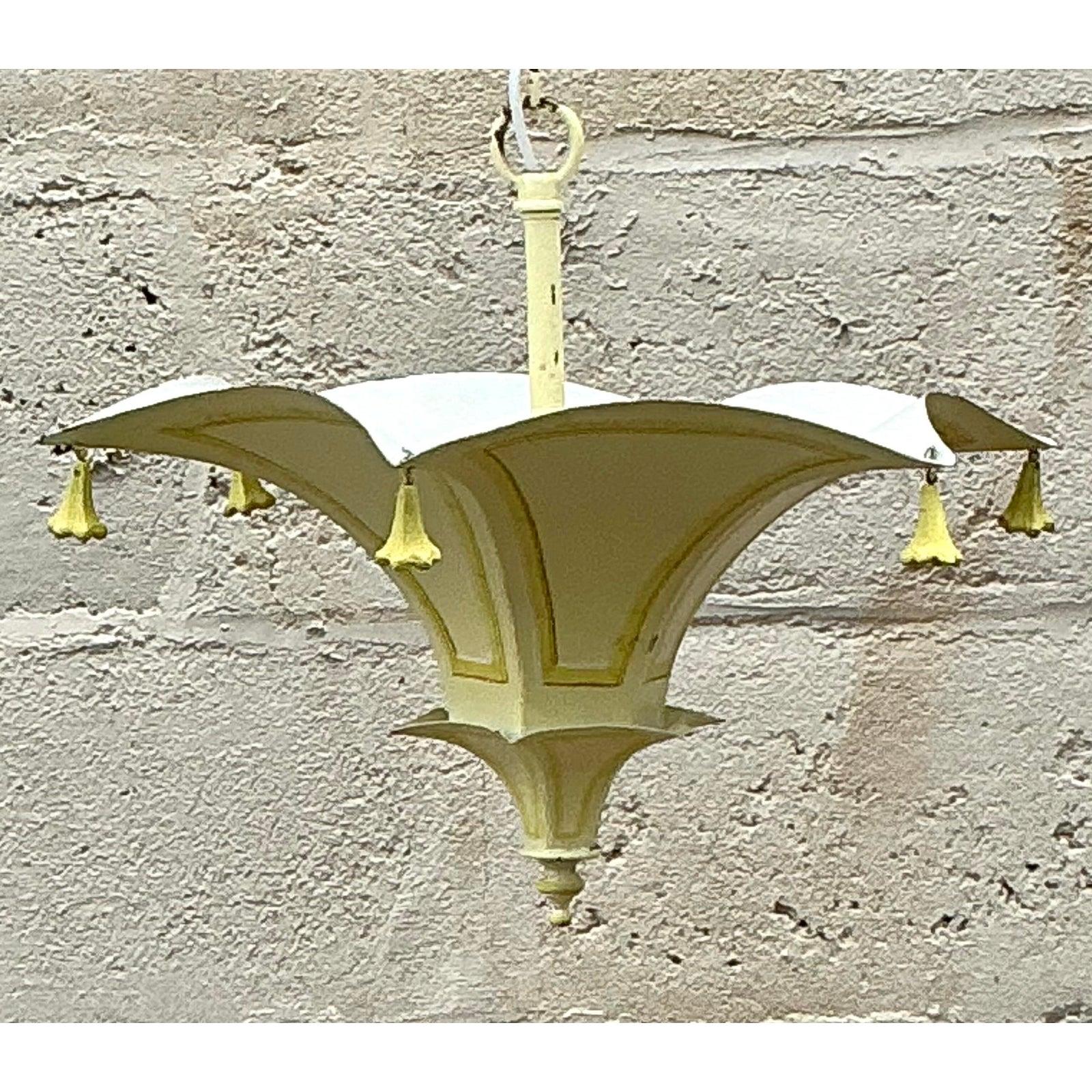 Vintage Regency Hand Painted Tole Pagoda Pendant In Good Condition For Sale In west palm beach, FL