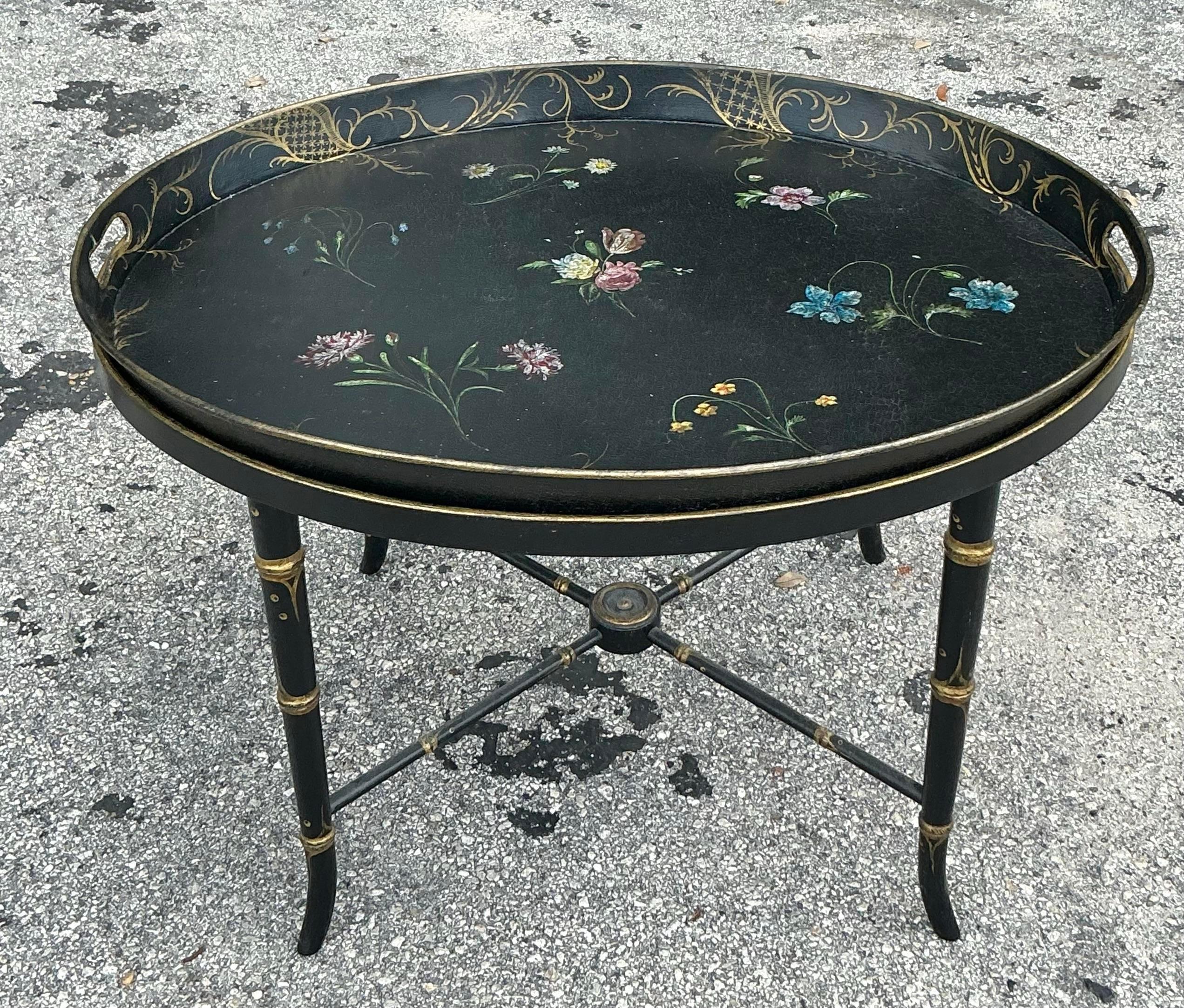 American Vintage Regency Hand Painted Tole Tray Table After John Roselli