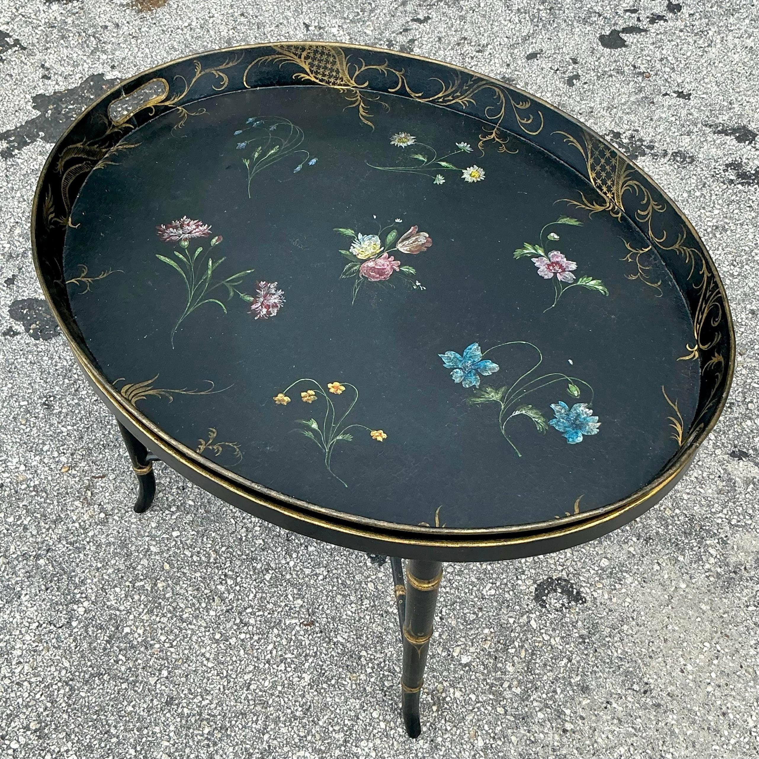 Vintage Regency Hand Painted Tole Tray Table After John Roselli In Good Condition In West Palm Beach, FL
